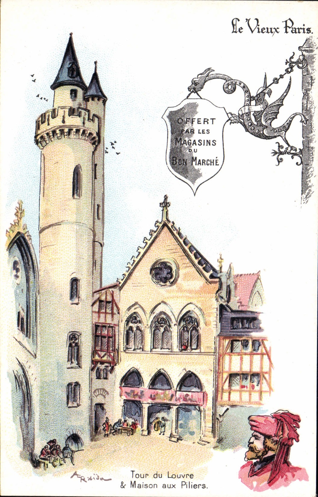 VINTAGE POSTCARD Fantasy Illustrator the Old man Paris Turn of the Louvre and house to the Pillars