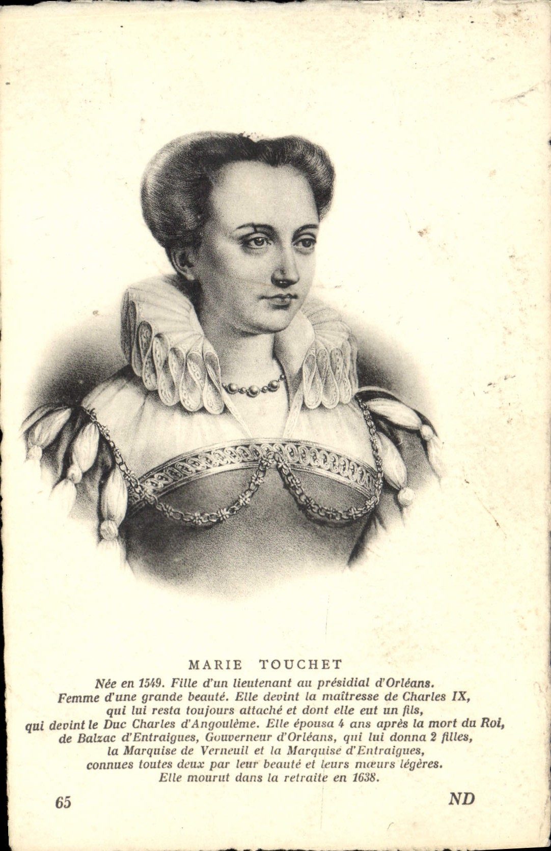 VINTAGE POSTCARD Marie Touchet Girl of a lieutenant to the presidial of Charles IX