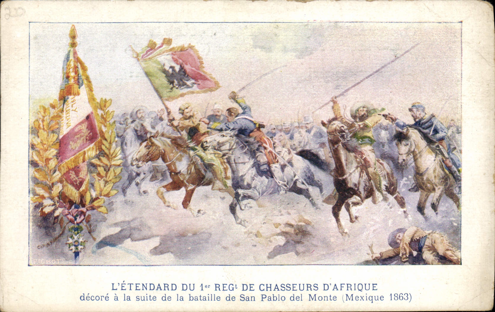 La POSTAL Militaria de la VENDIMIA el estándar del 1r regimiento de cazadores de África adorna el siguiente de la batalla con San Pablo del Monte