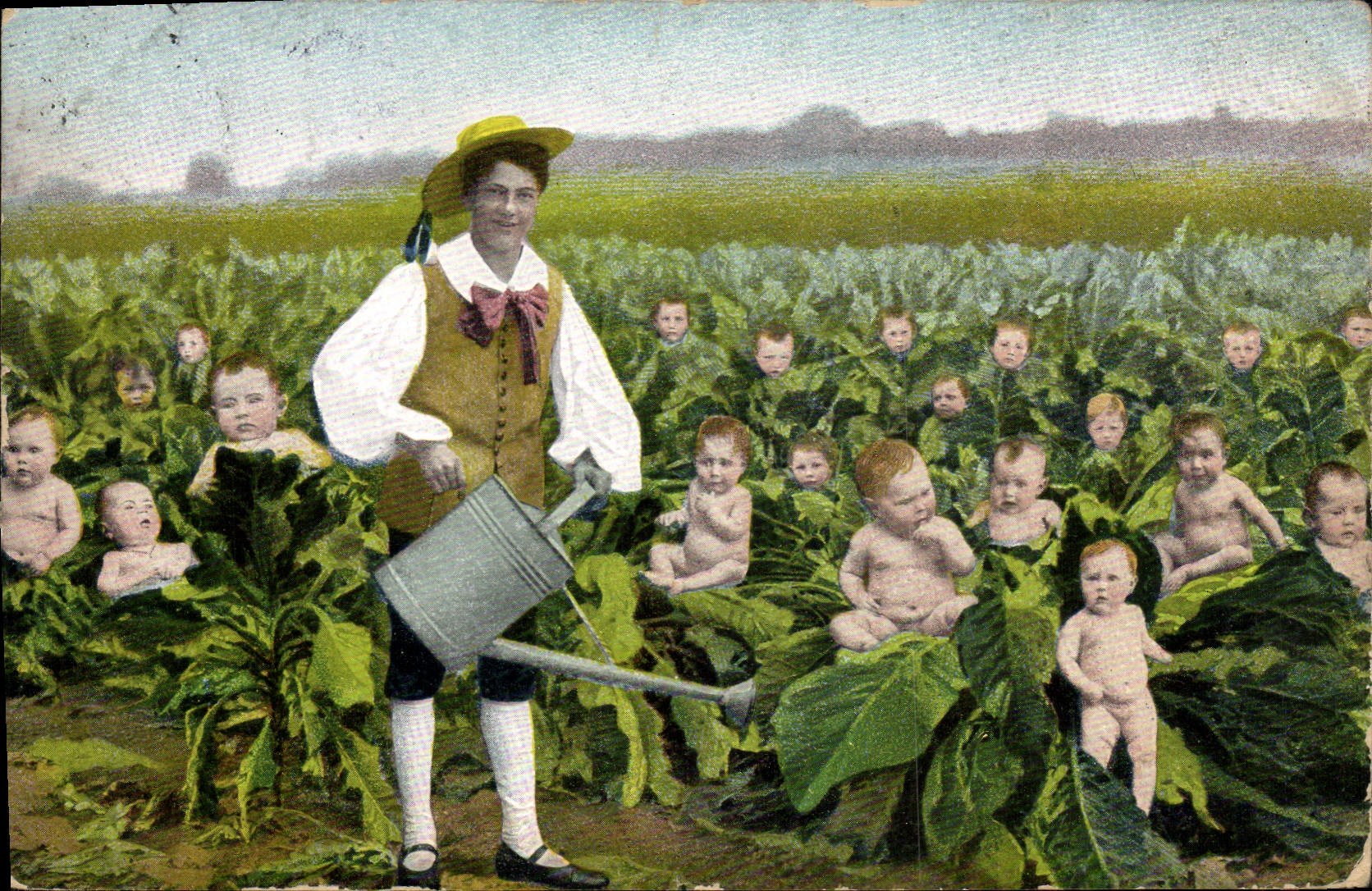 VINTAGE POSTCARD Fantasy Child Baby Garden Man