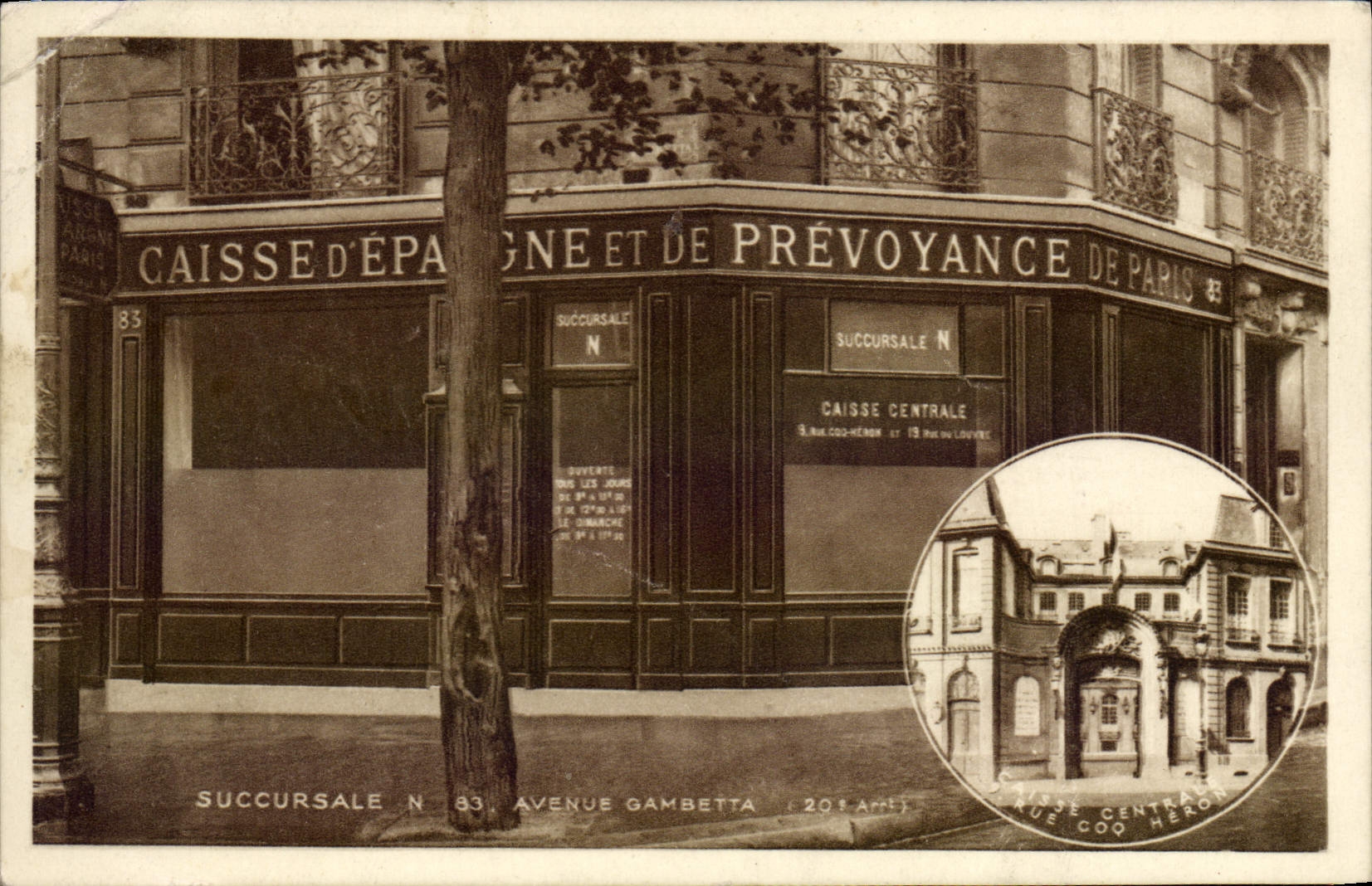 VINTAGE POSTCARD Bank Savings bank and Preovyance Paris Avenue Gambetta Paris 20th Street Cock Heron
