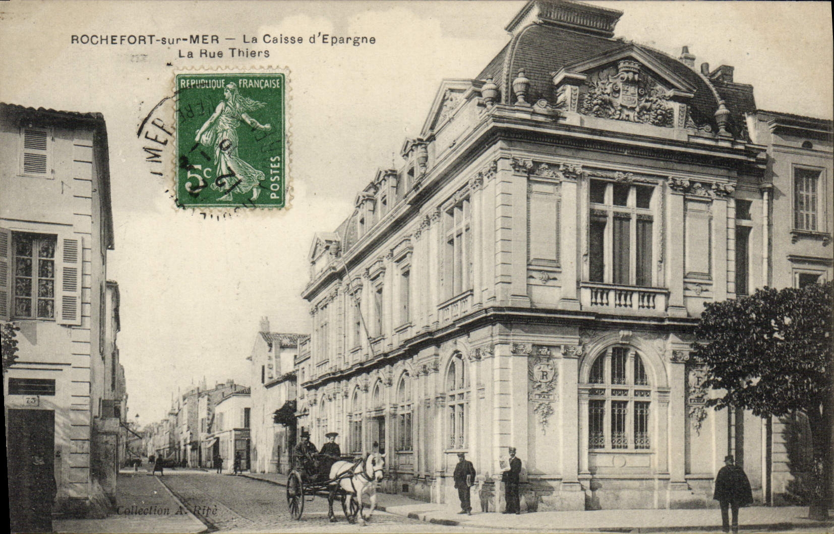 VINTAGE POSTCARD Bank Savings bank the street Thiers Rocherfort on Sea