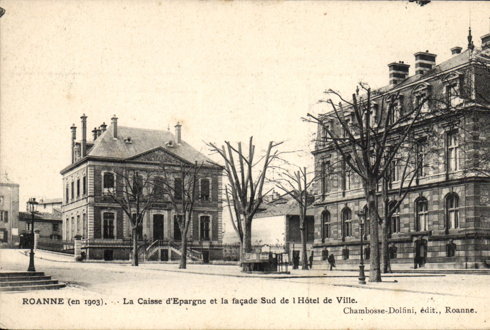 VINTAGE POSTCARD Bank Roanne Savings bank and the Southern frontage of the Town hall