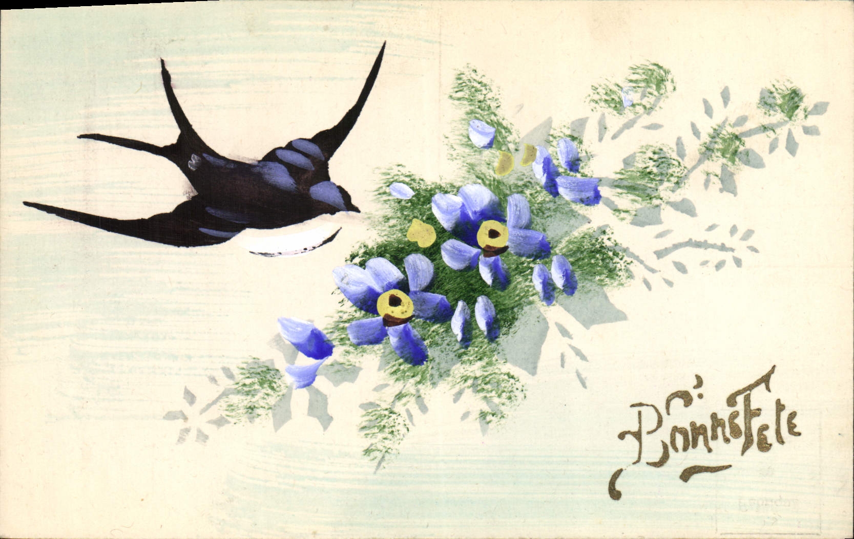 VINTAGE POSTCARD Drawing with the hand Flowers Swallow