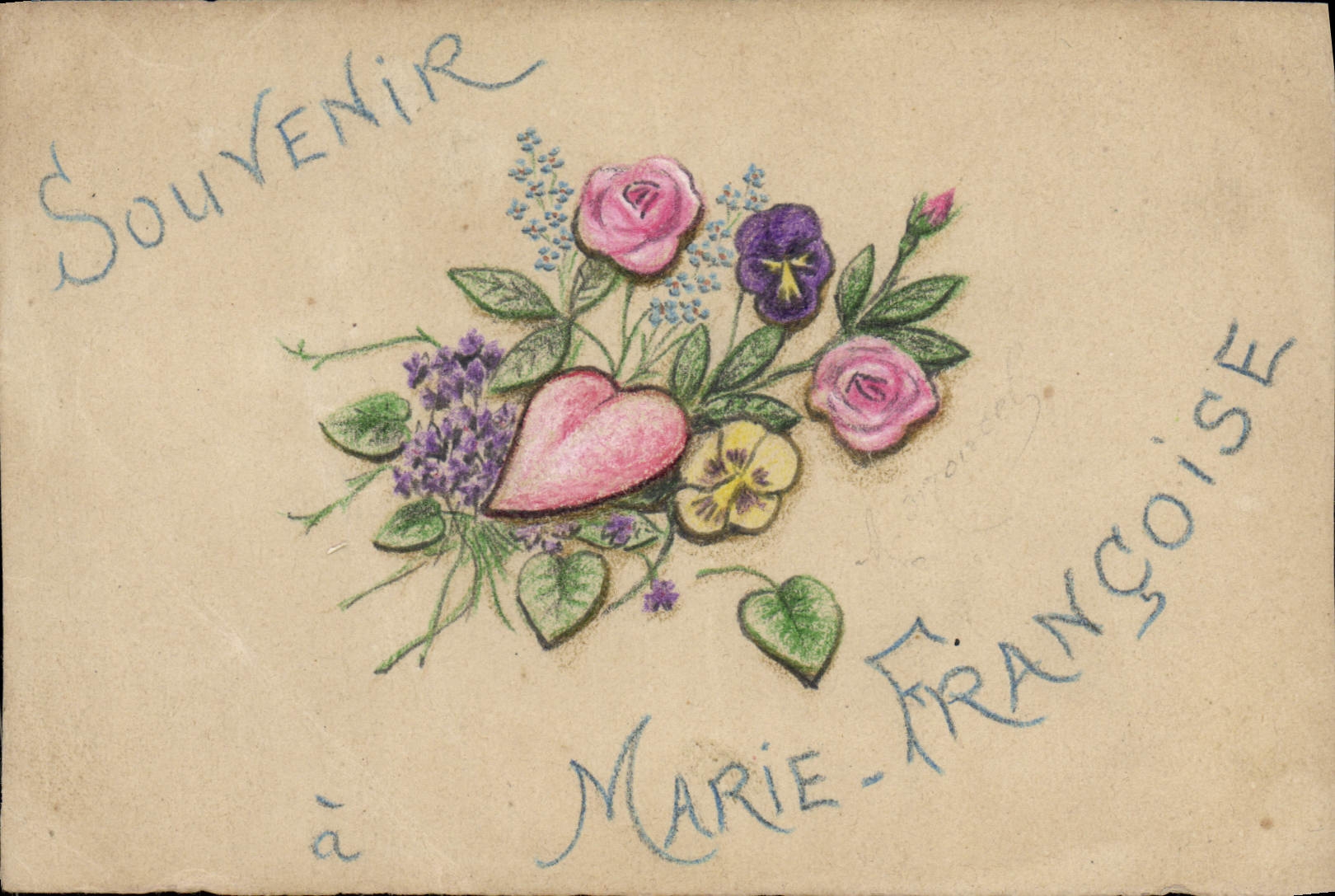 VINTAGE POSTCARD Drawing with the hand Flowers Heart