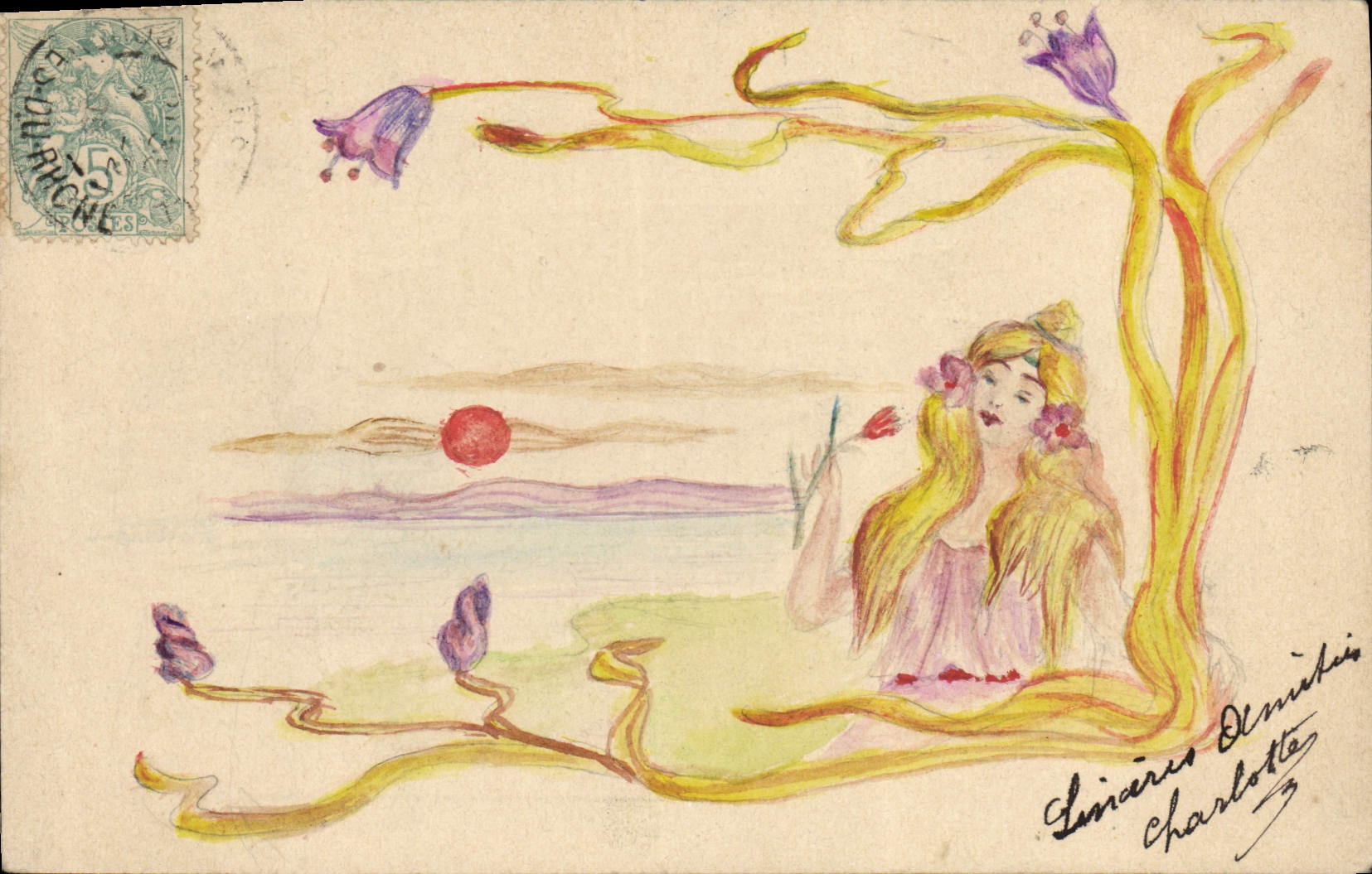 VINTAGE POSTCARD Drawing with the hand Woman