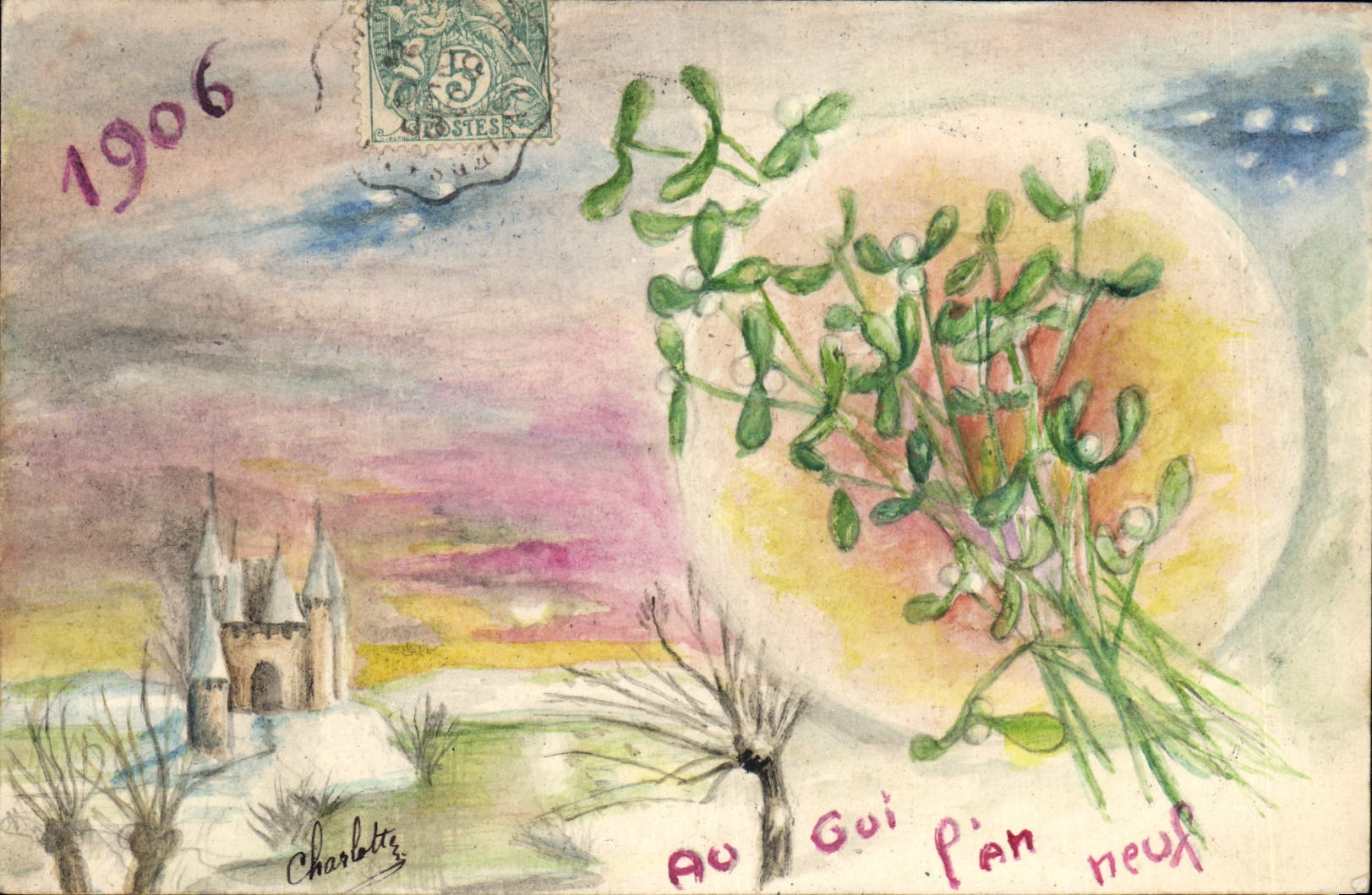 VINTAGE POSTCARD Drawing with the hand Flowers Year 1906