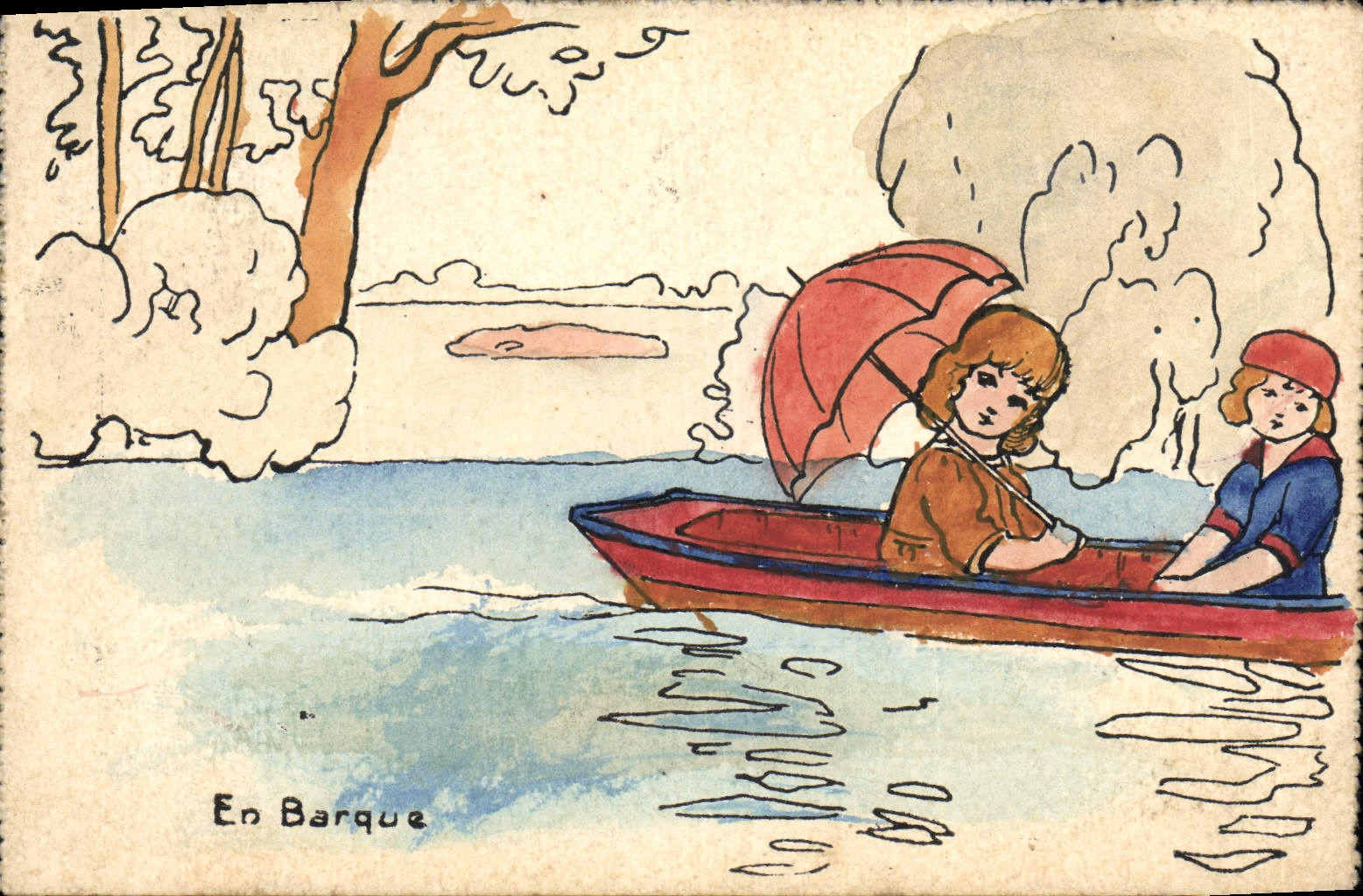 VINTAGE POSTCARD Drawing with the hand Children in the boat