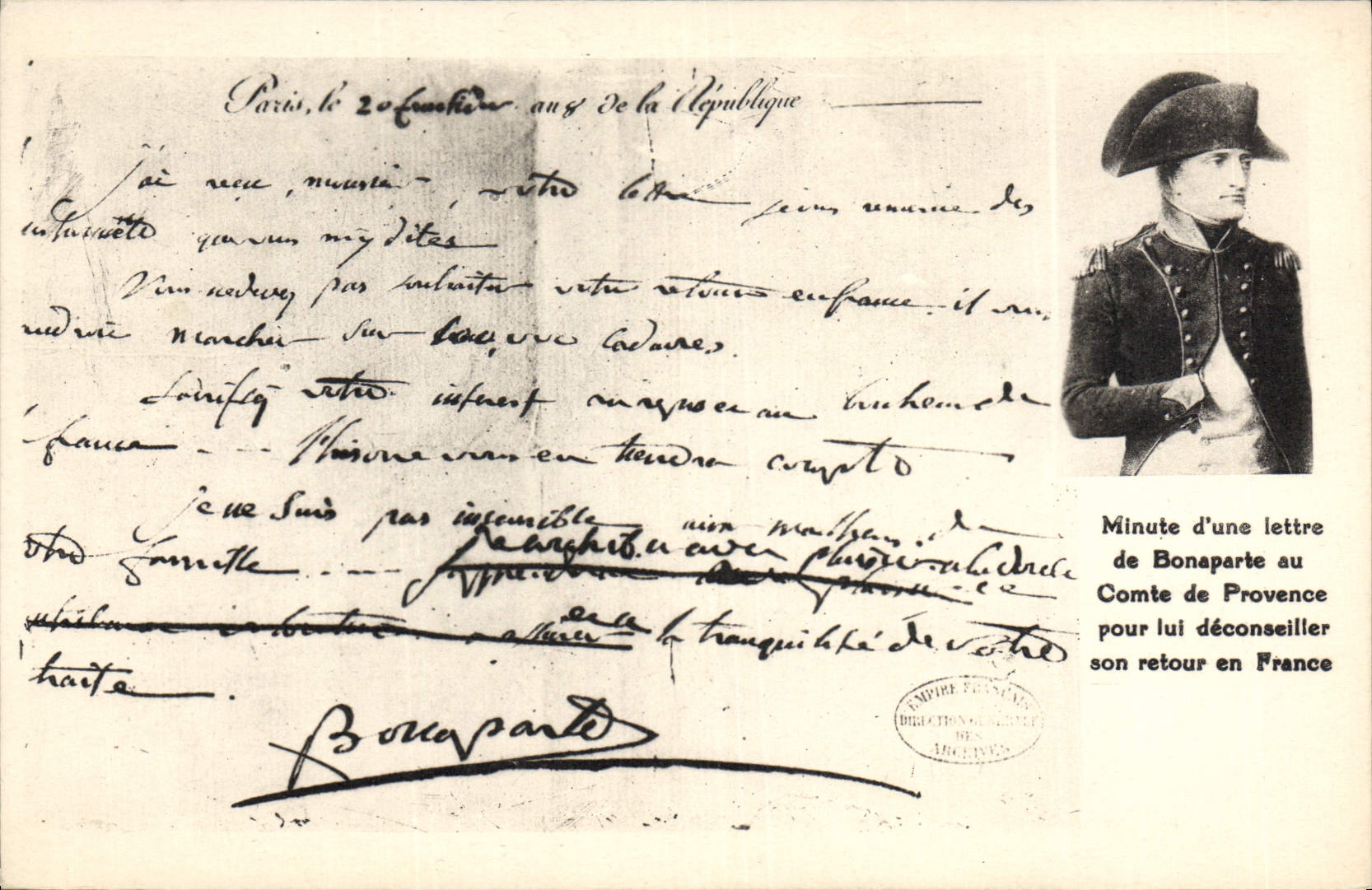 CPA Histoire Napoleon 1er Minute d'une lettrede Bonaparte au Comte de Provence