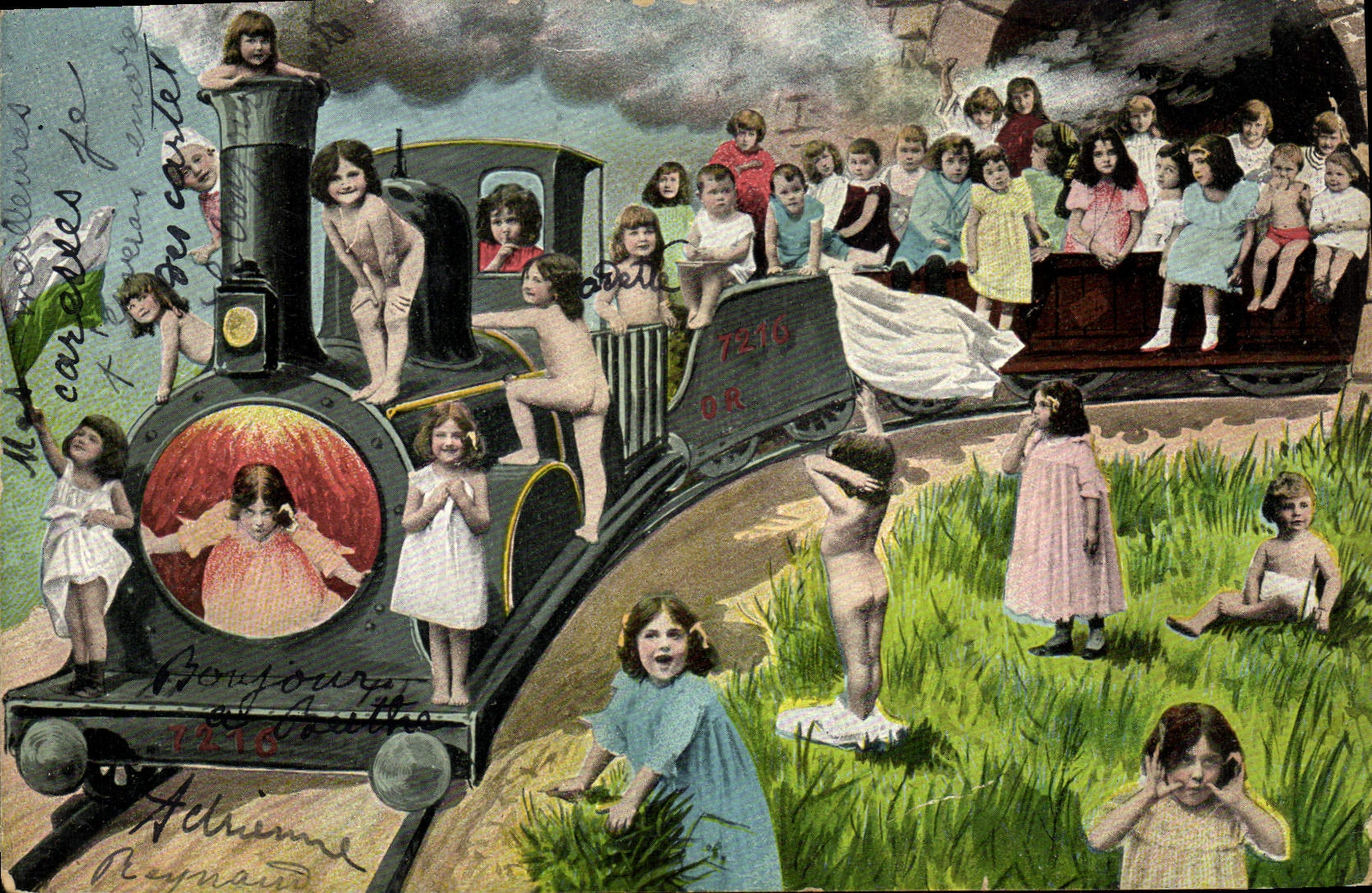 CPA Fantaisie Enfant Bebe Train