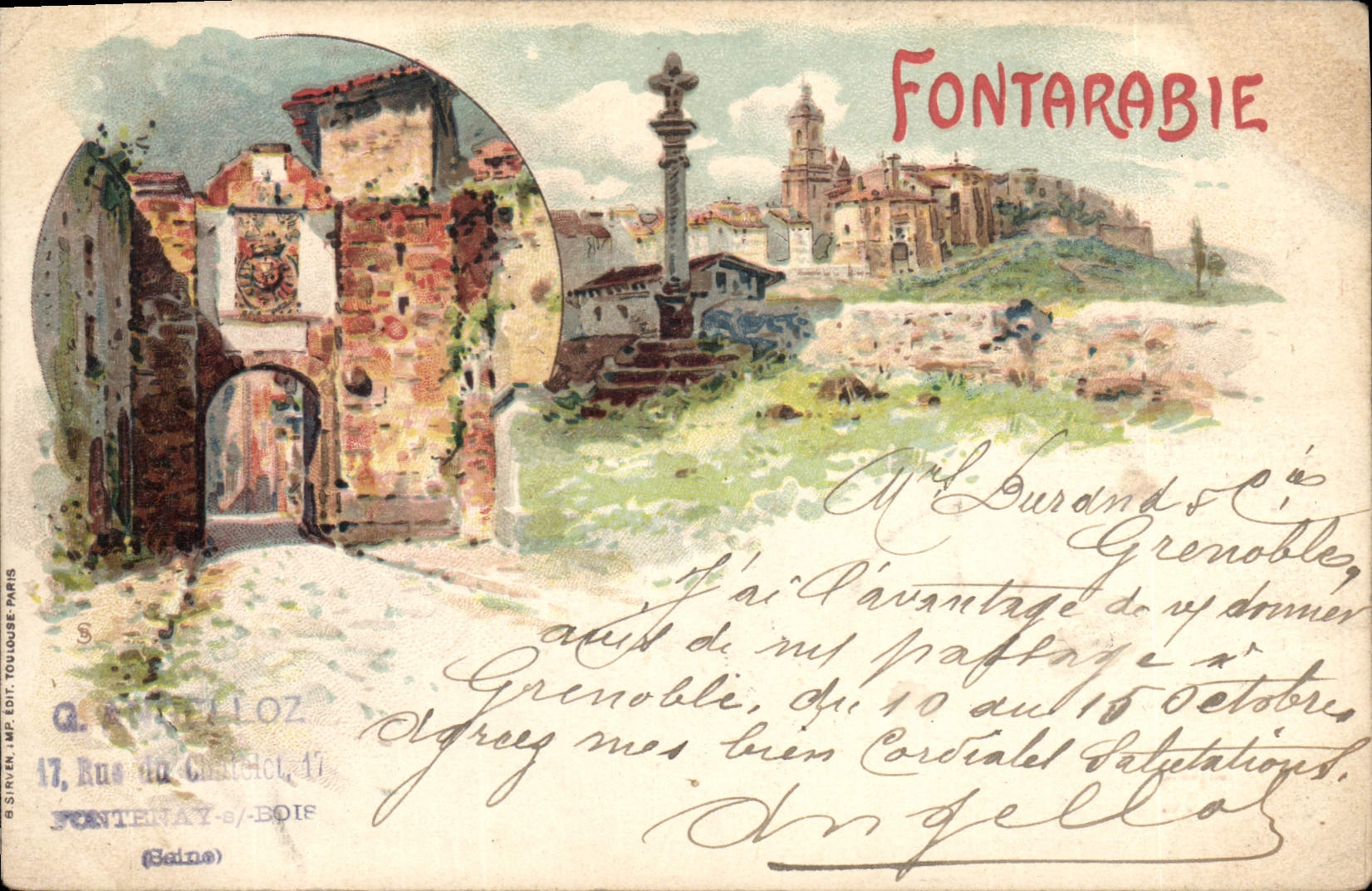VINTAGE POSTCARD Insurance Illustration Fontarabie Swiss Company Winterthur
