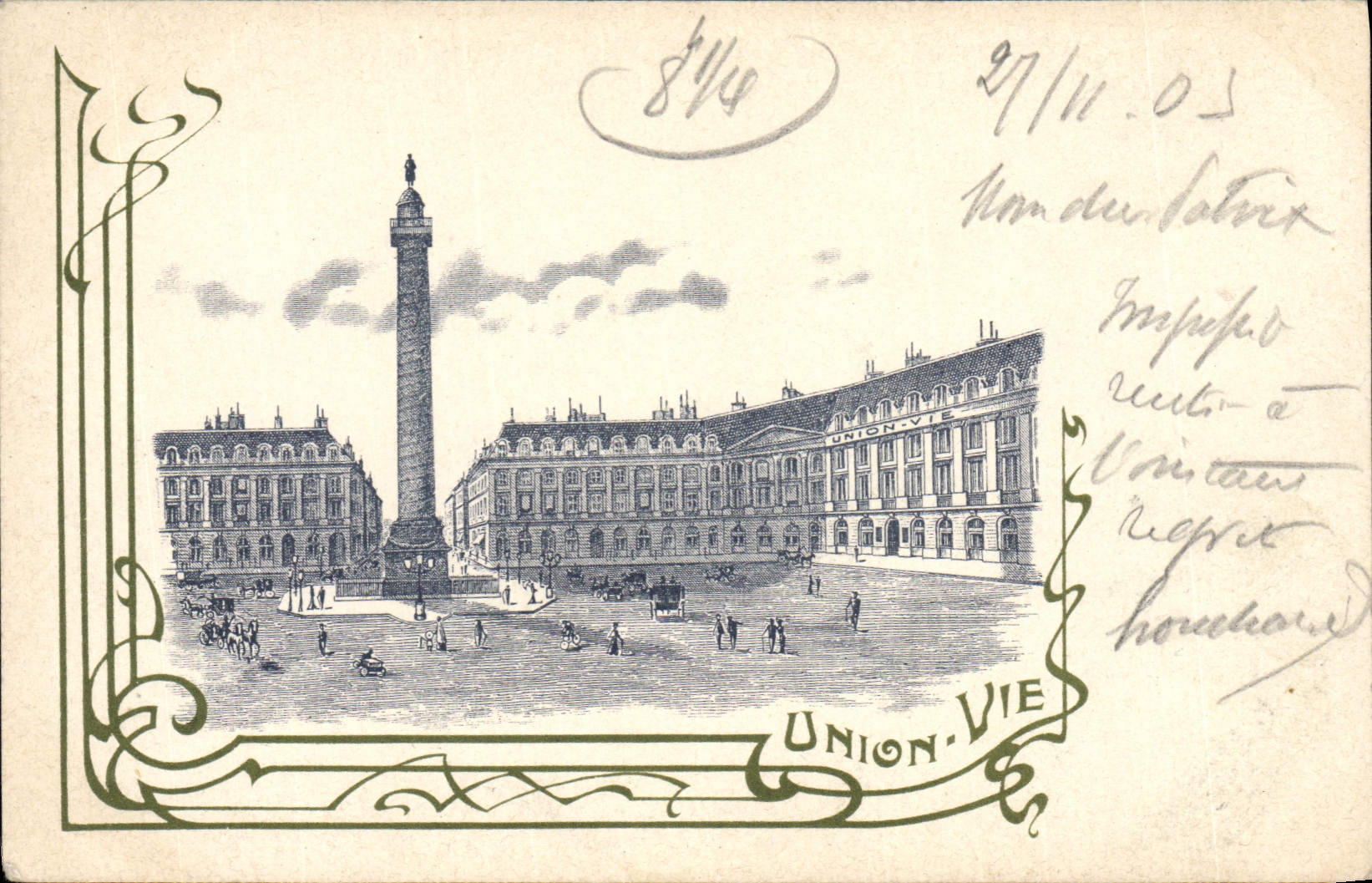VINTAGE POSTCARD Insurance Union Life Plaec Vendome Paris