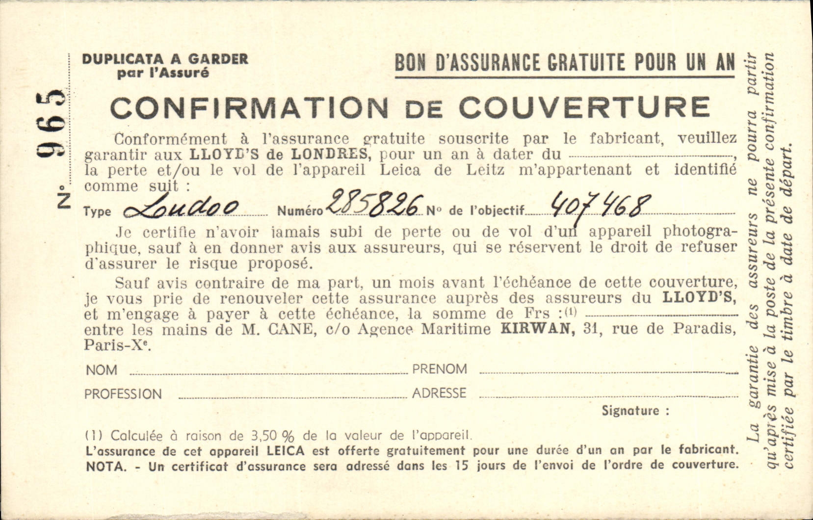 CPA Assurance Confirmation de couverture Lloyd's Agence Maritime Kirwan Rue de Paradis Paris 9eme