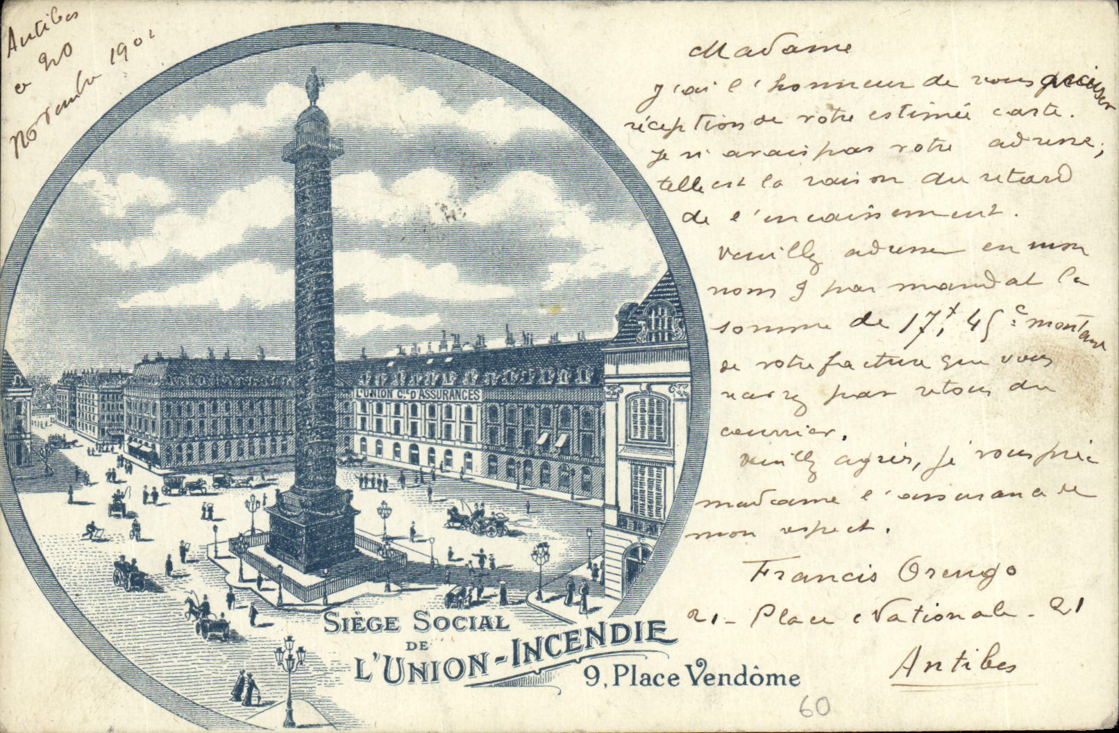 VINTAGE POSTCARD Assurance Paris Place Vendome the Union Sets fire to