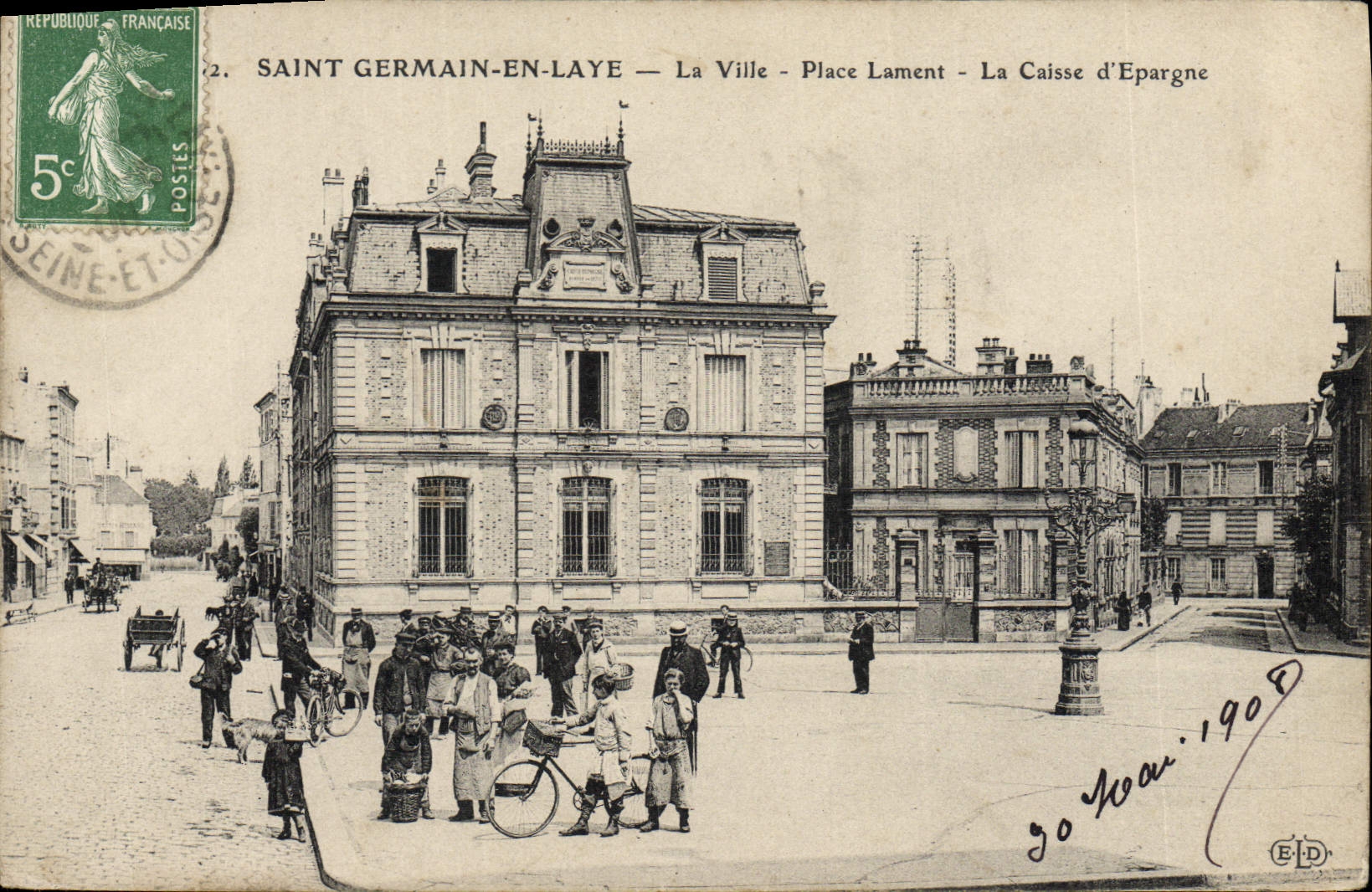 VINTAGE POSTCARD Banque Saint Germain in Bush hammer the city Places Lamont Savings bank Children Bicycle
