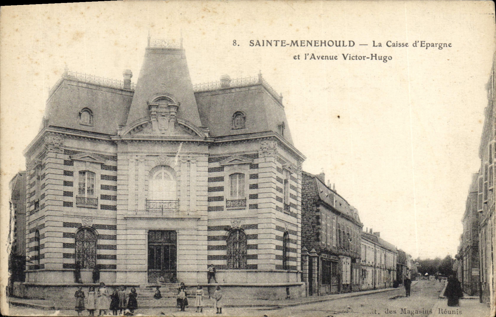 VINTAGE POSTCARD Bank Savings bank and the avenue Victor Hugo Sainte Menehould
