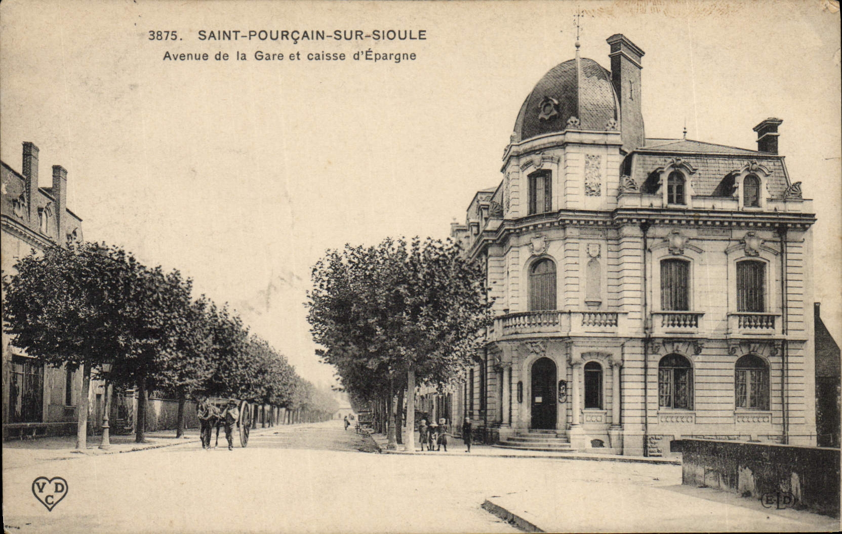 VINTAGE POSTCARD Bank Pourcain Saint on Sioule Avenue of the Station and Savings bank