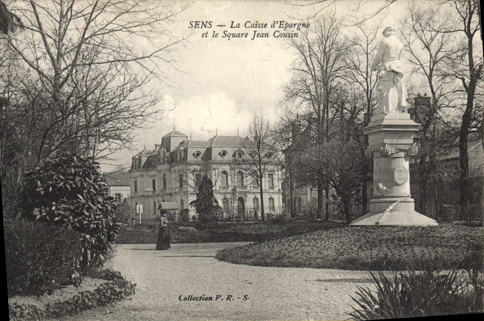 VINTAGE POSTCARD Bank Sens the Savings bank and the public garden Jean Cousin