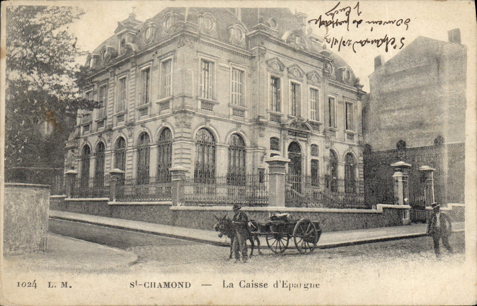 VINTAGE POSTCARD Banque Savings bank St Chamond Voiture has ass Mule