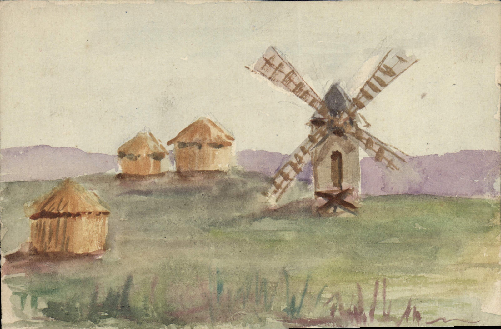 VINTAGE POSTCARD Drawing with the hand Windmill