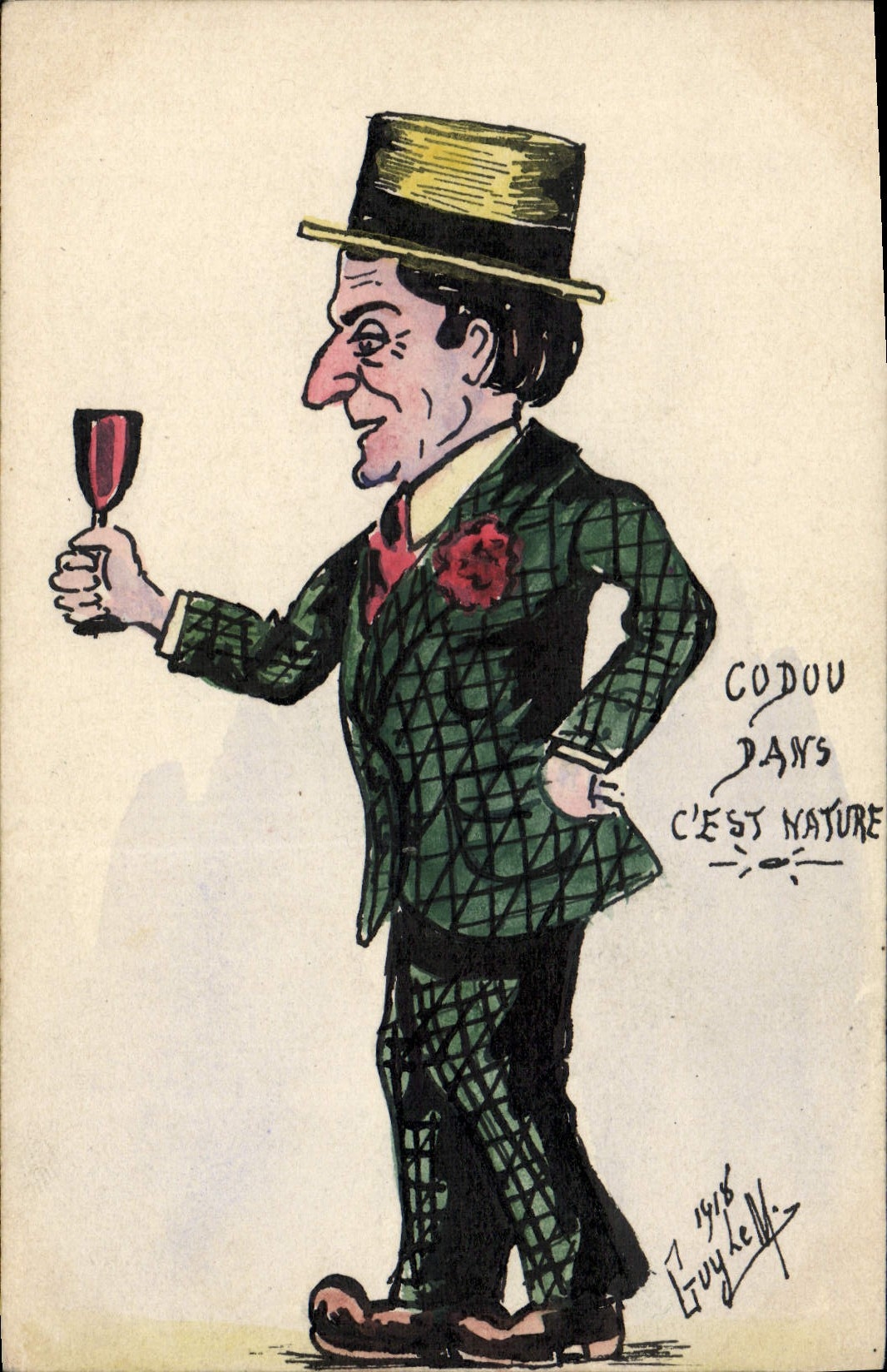 VINTAGE POSTCARD Drawing with the hand Man Alcohol