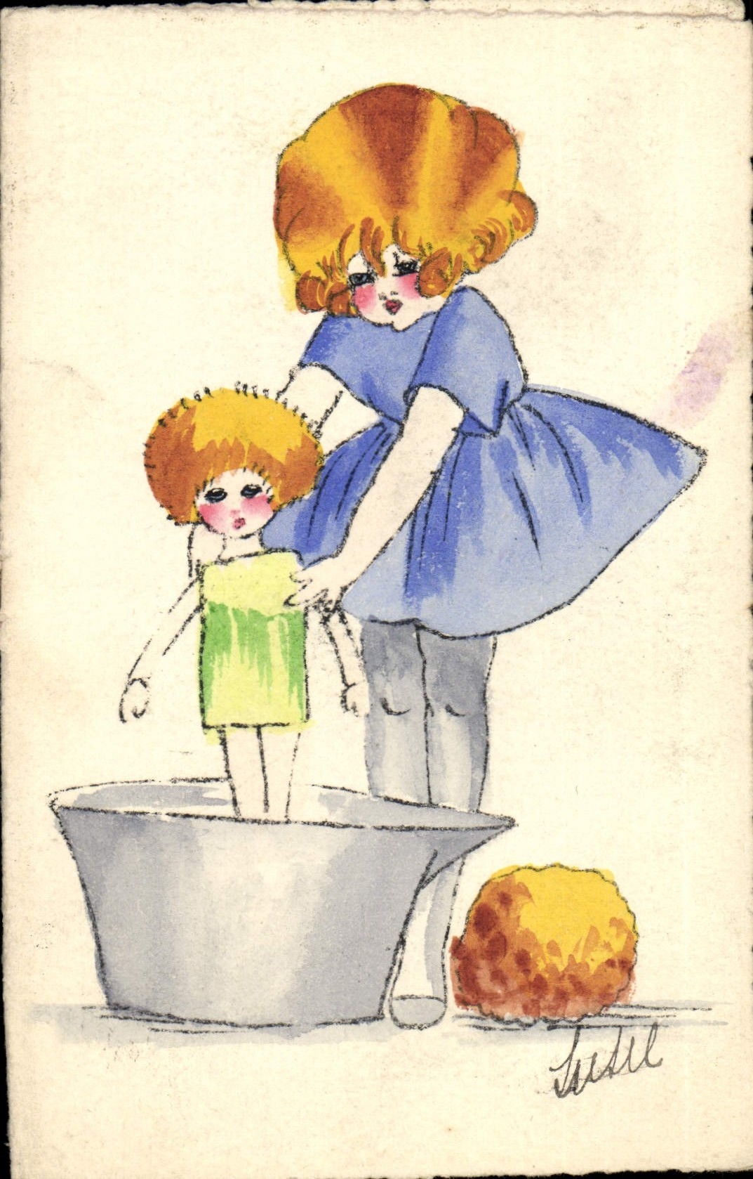 VINTAGE POSTCARD Drawing with the hand Children Headstock