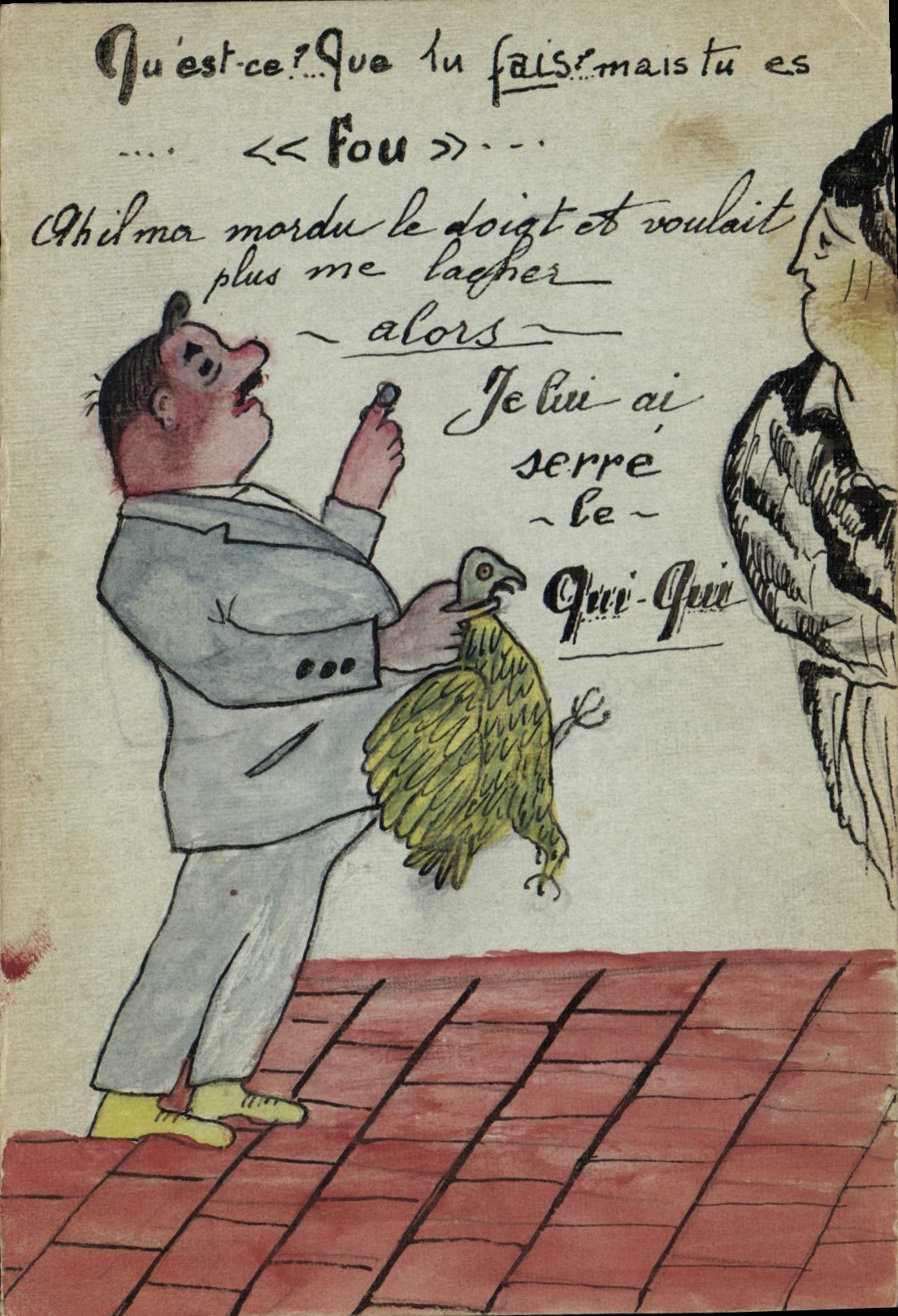 VINTAGE POSTCARD Drawing with the hand Man Bird