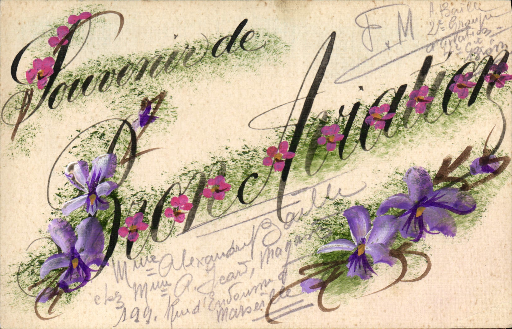 VINTAGE POSTCARD Drawing with the hand Flowers Happy New Year