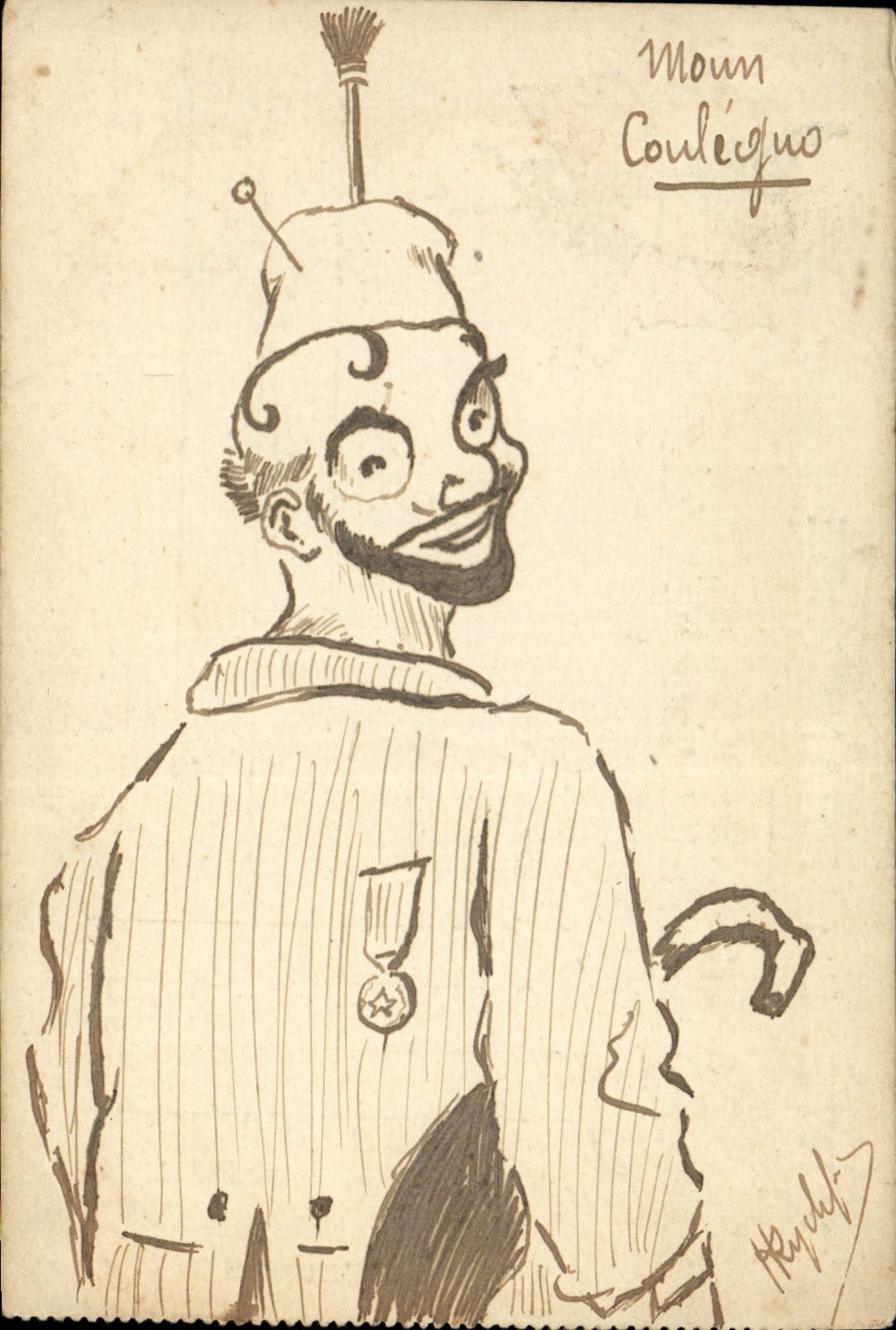 VINTAGE POSTCARD Drawing with the hand Soldier Militaria Medal