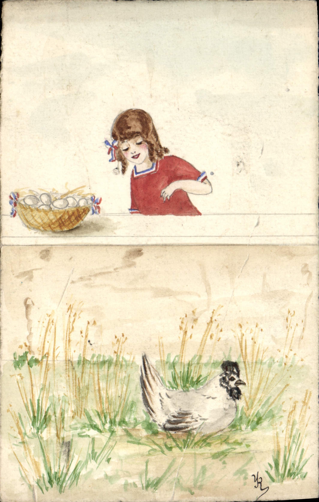 VINTAGE POSTCARD Drawing with the hand Child Hen