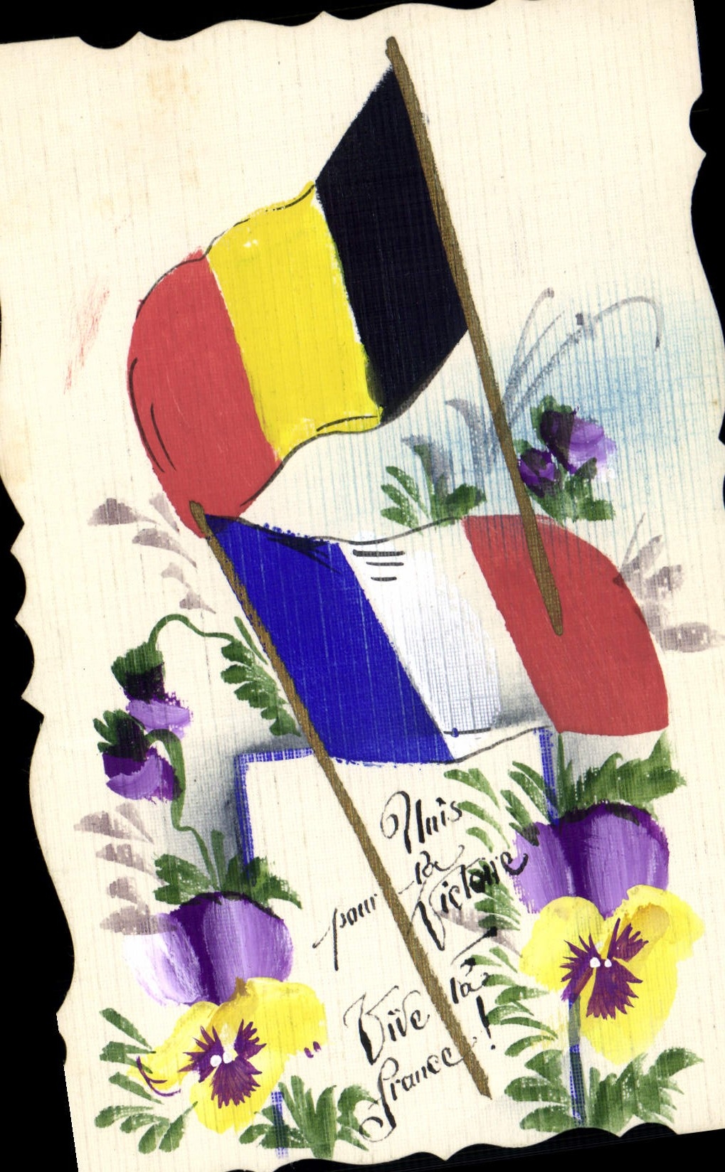 VINTAGE POSTCARD Drawing with the hand Flowers Flags Belgium France