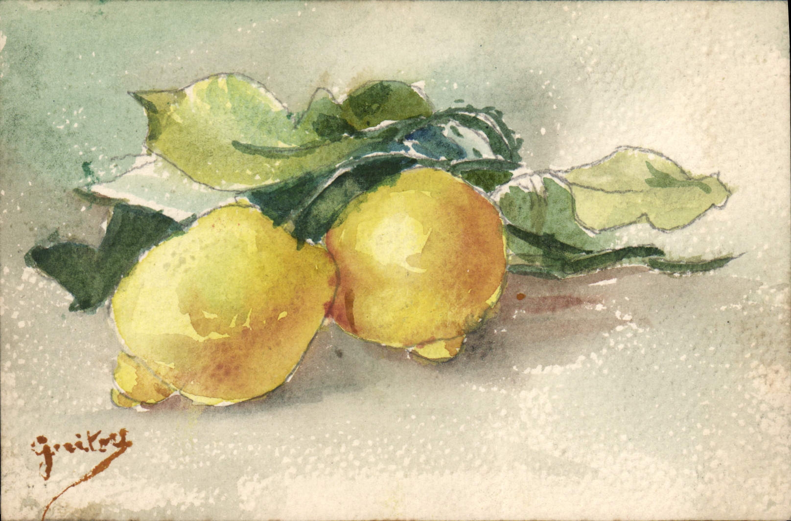 VINTAGE POSTCARD Drawing with the Lemon-yellow hand