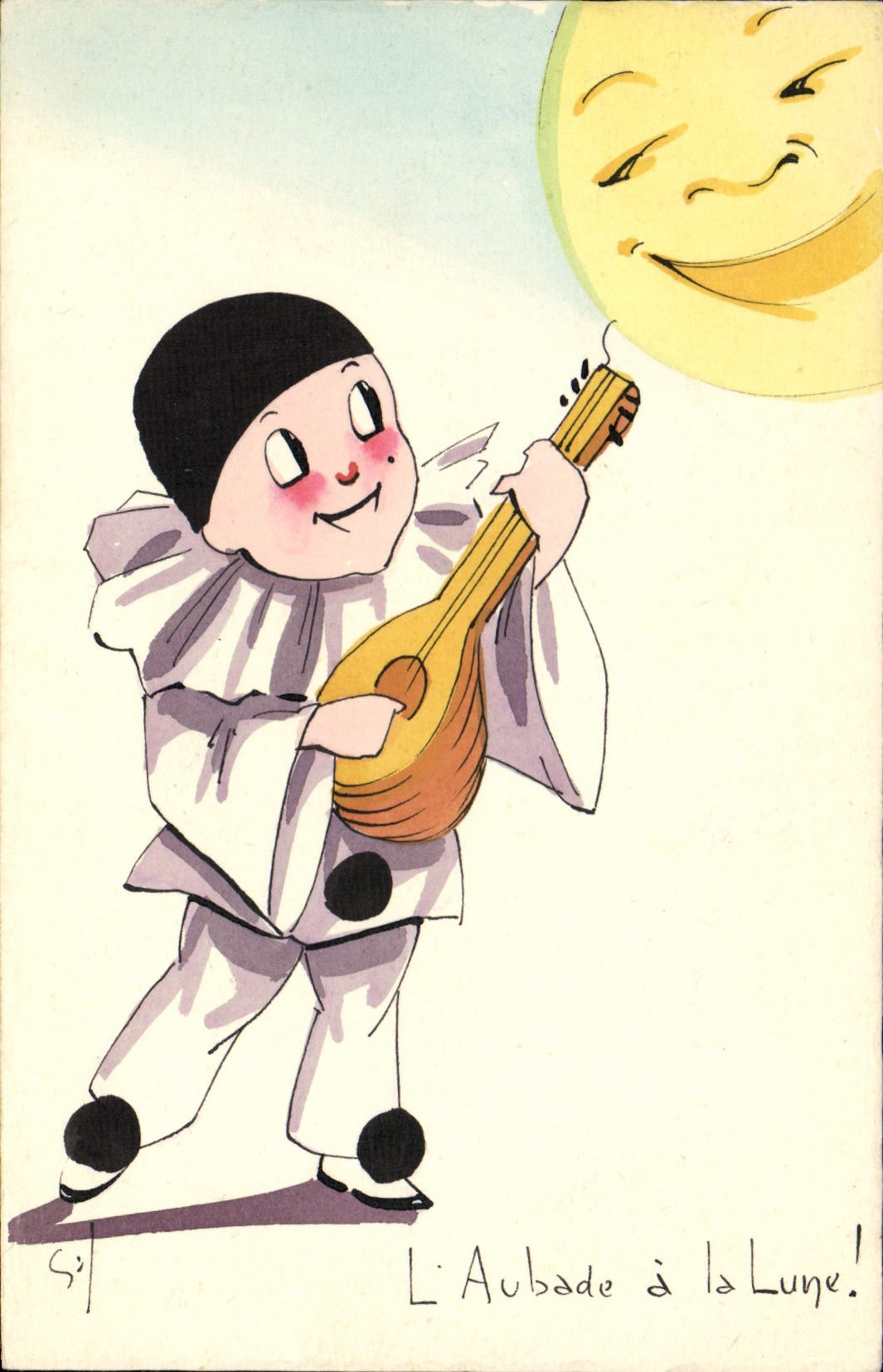 VINTAGE POSTCARD Pierrot Fantasy the dawn serenade with the moon
