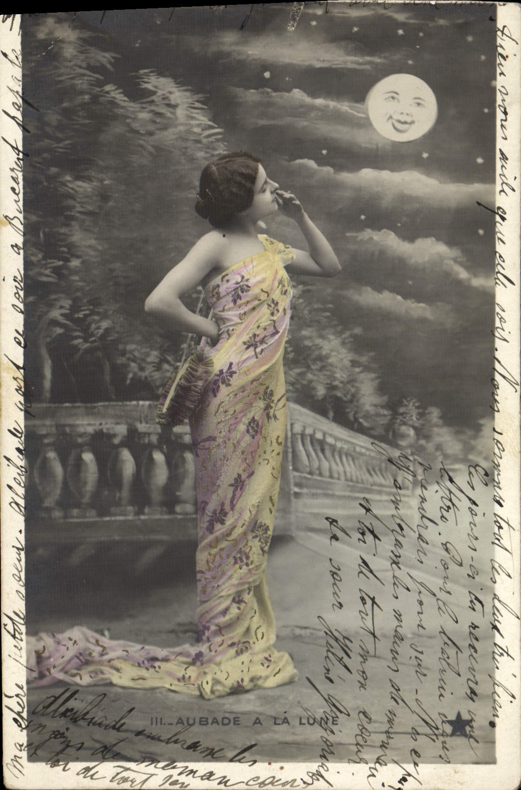 VINTAGE POSTCARD Fantasy Woman the Moon the dawn serenade at the night
