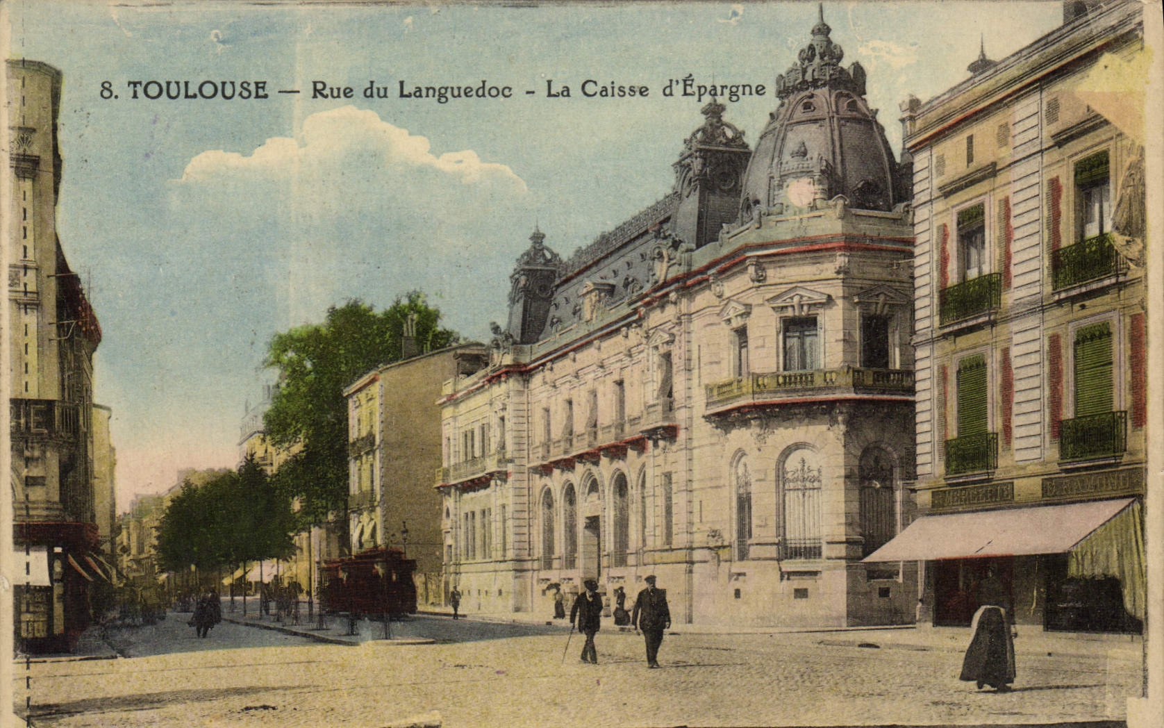 VINTAGE POSTCARD Bank Toulouse Street of Languedoc Savings bank Tram