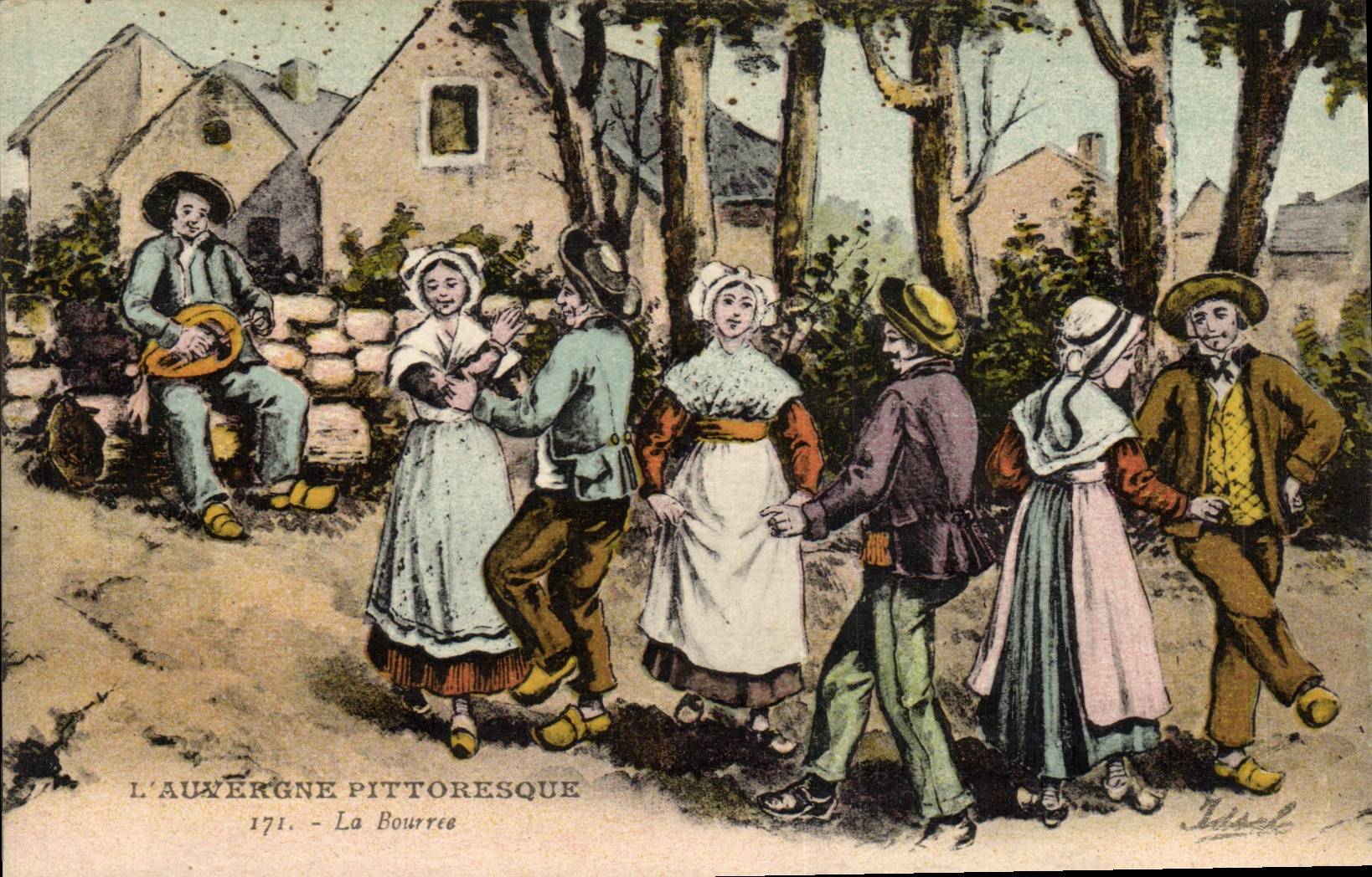 CPA Folklore Auvergne La bourree