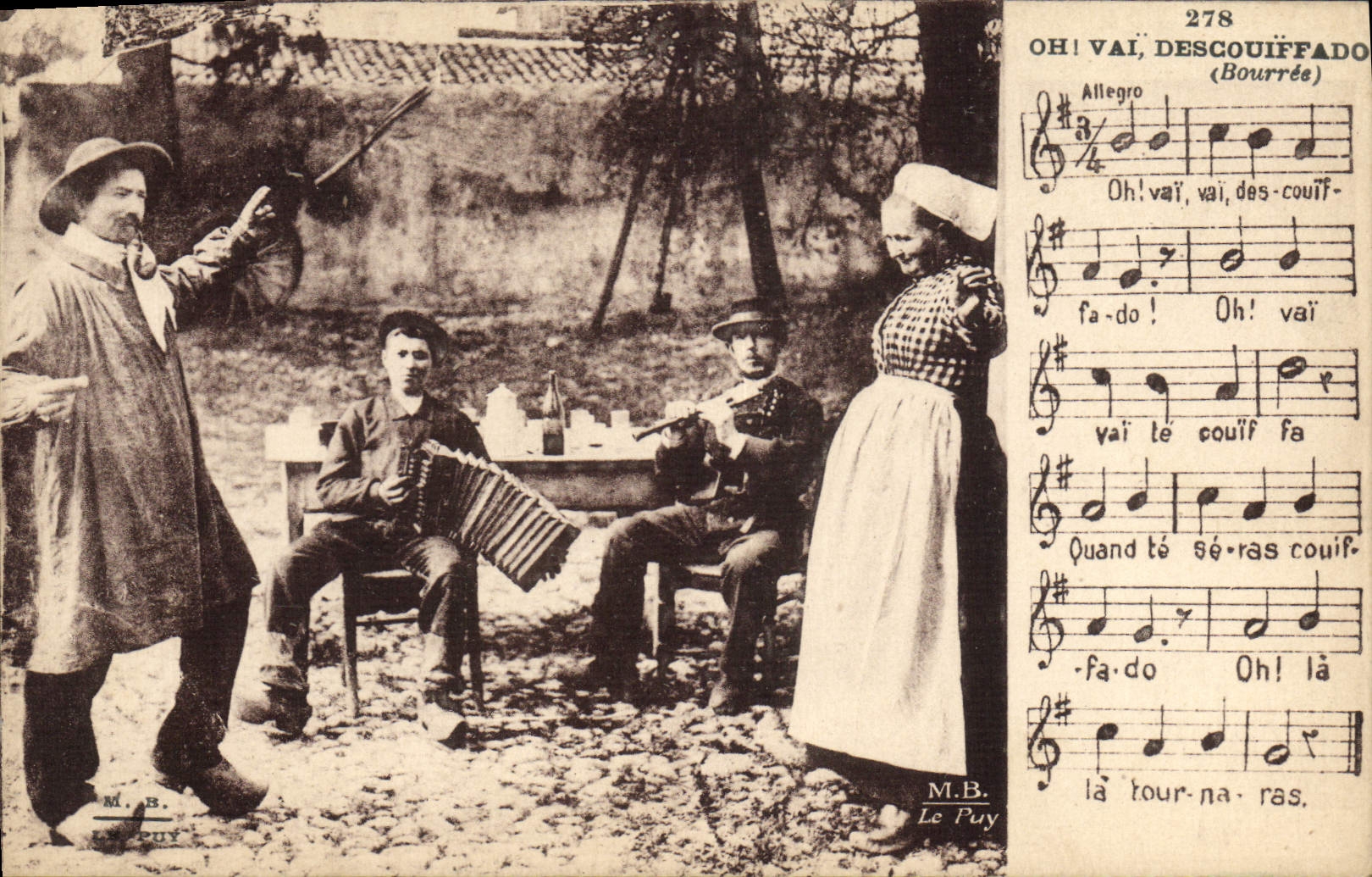 Acordión del folklore de Auvergne de la POSTAL de la VENDIMIA la bourree