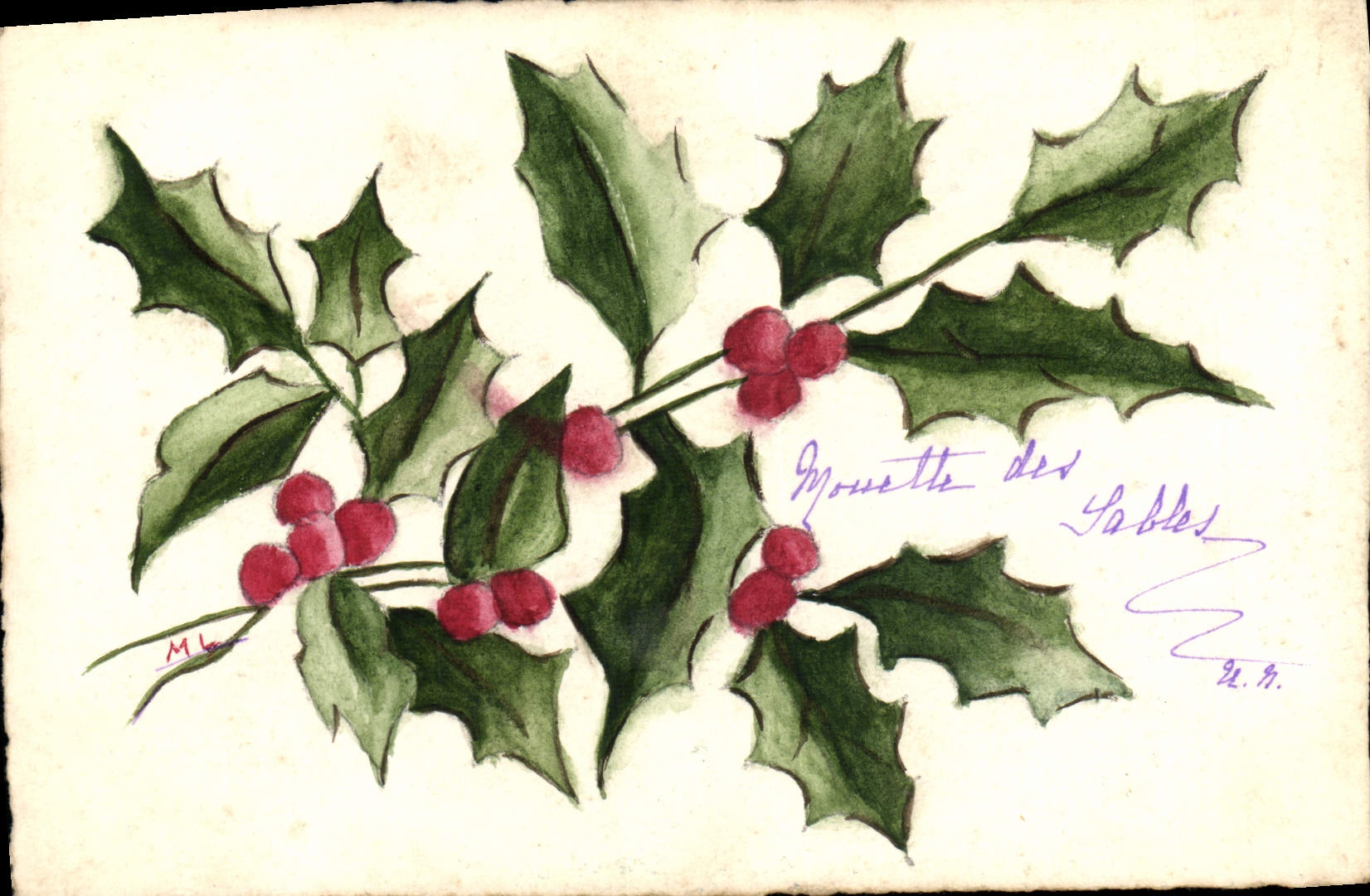 VINTAGE POSTCARD Drawing with the hand Houx Flowers