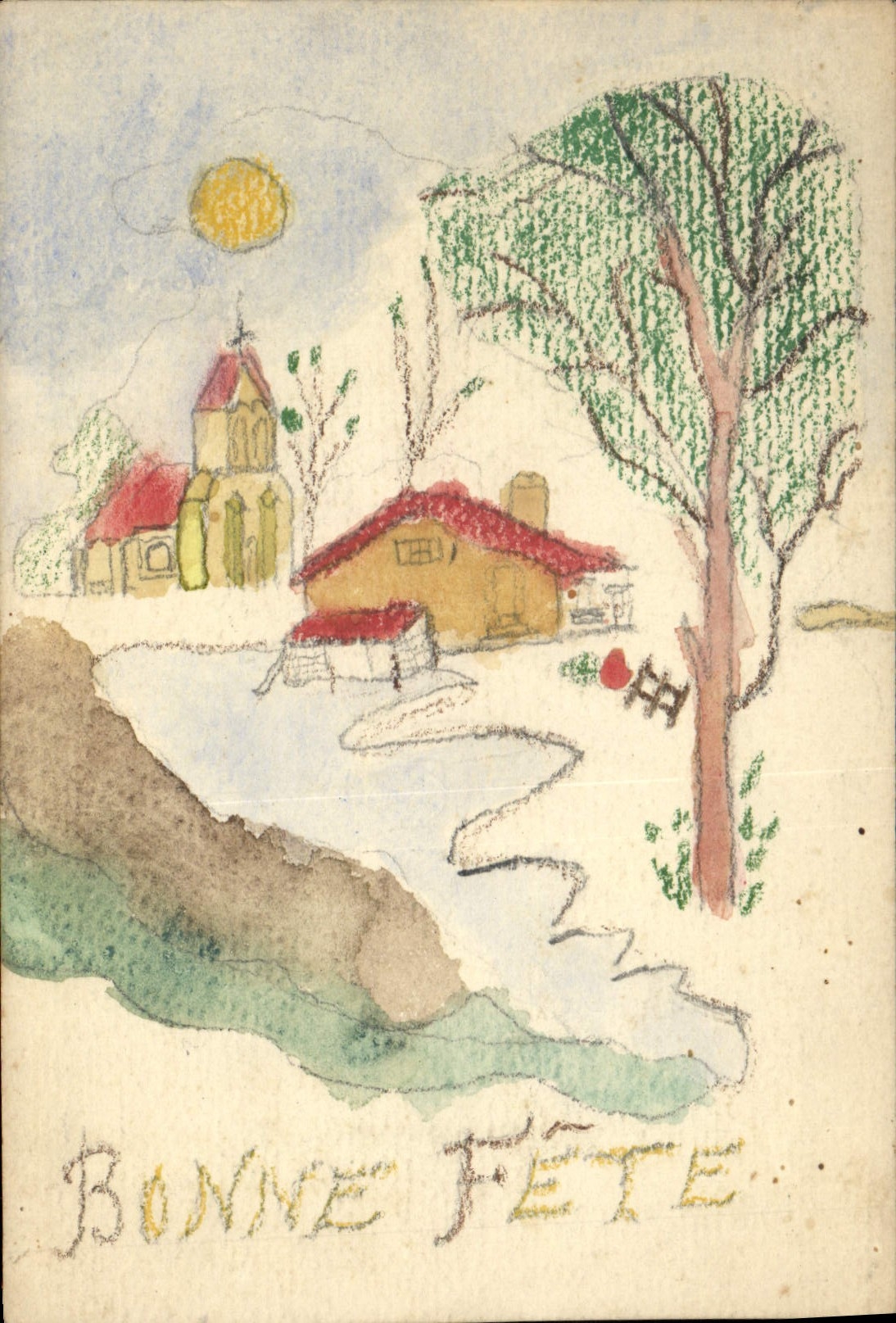 VINTAGE POSTCARD Drawing with the hand Landscape Good festival