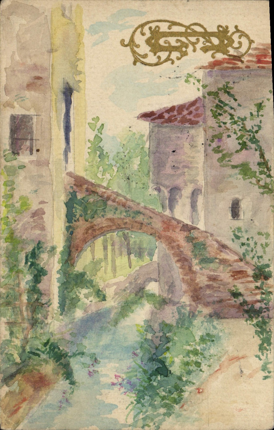 VINTAGE POSTCARD Drawing with the hand Bridge