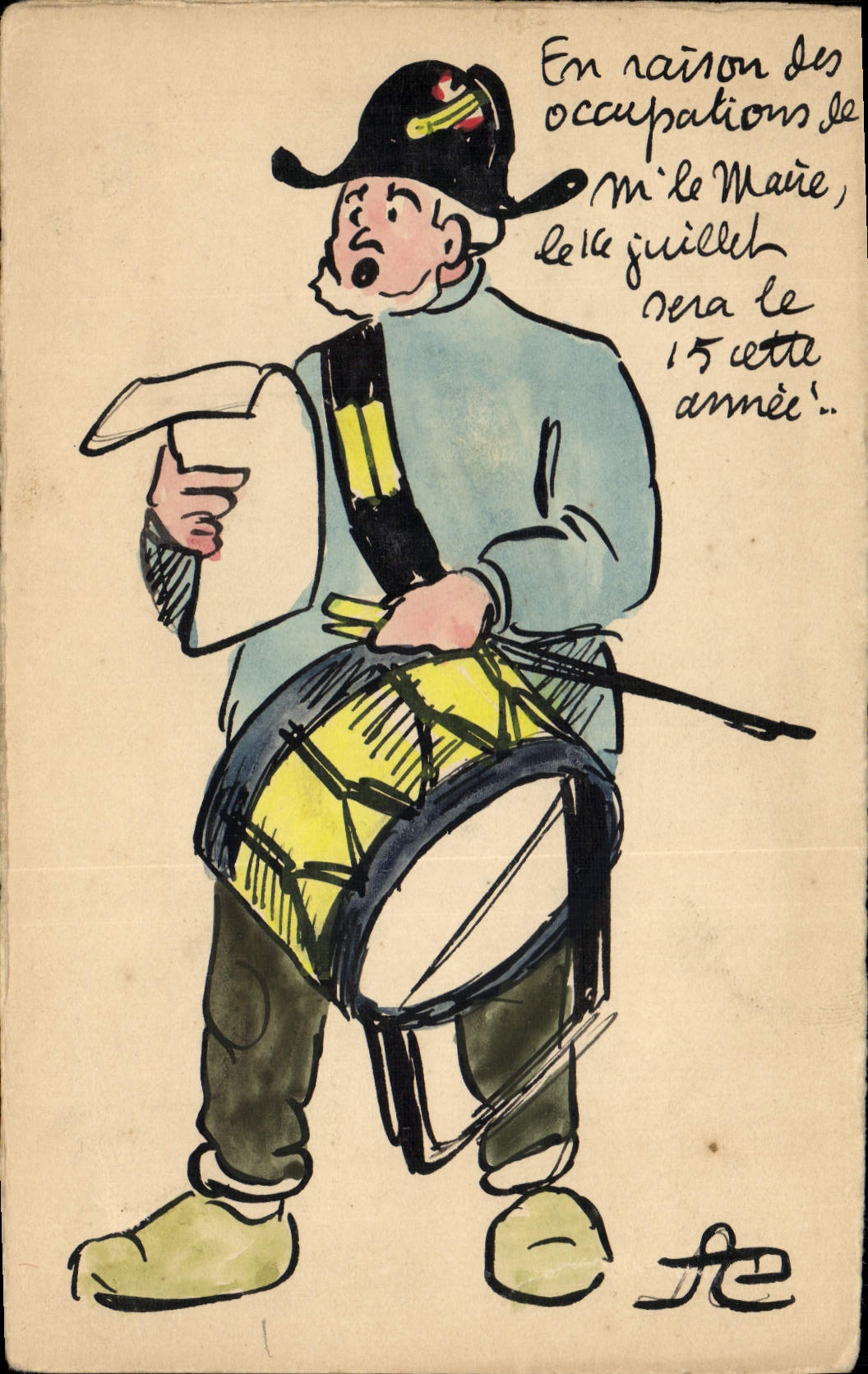VINTAGE POSTCARD Drawing with the hand Drum