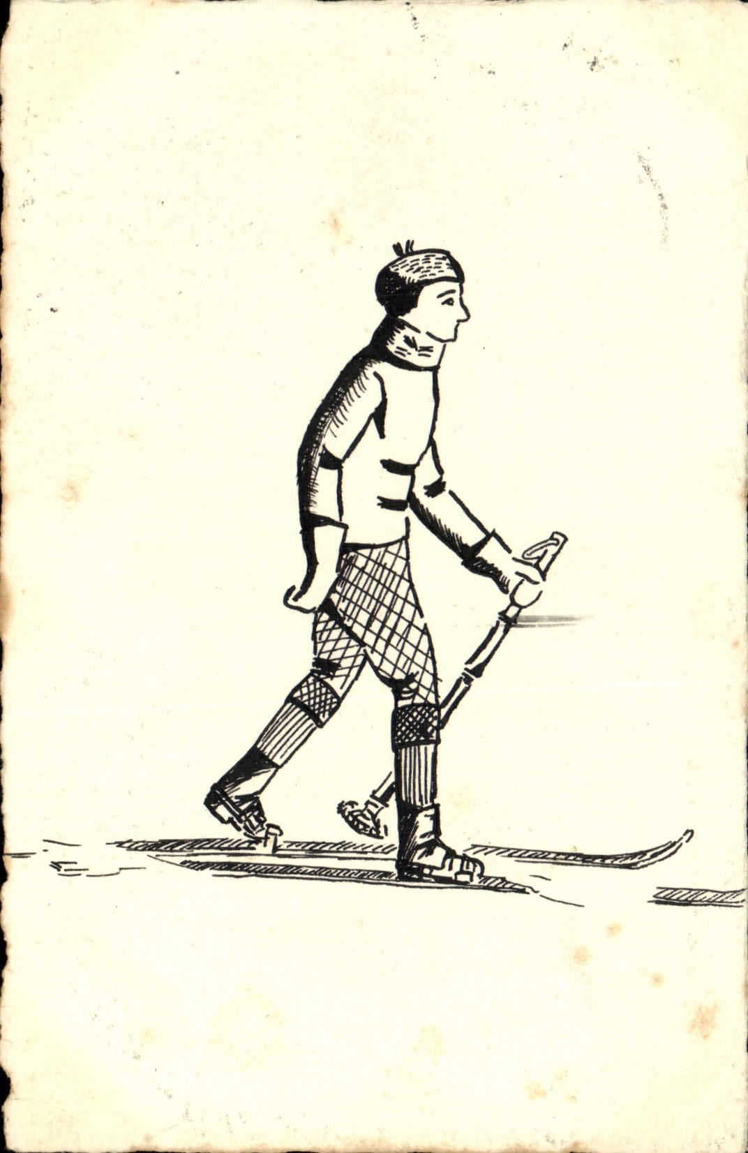 VINTAGE POSTCARD Fantaisie Illustrator Man has ski