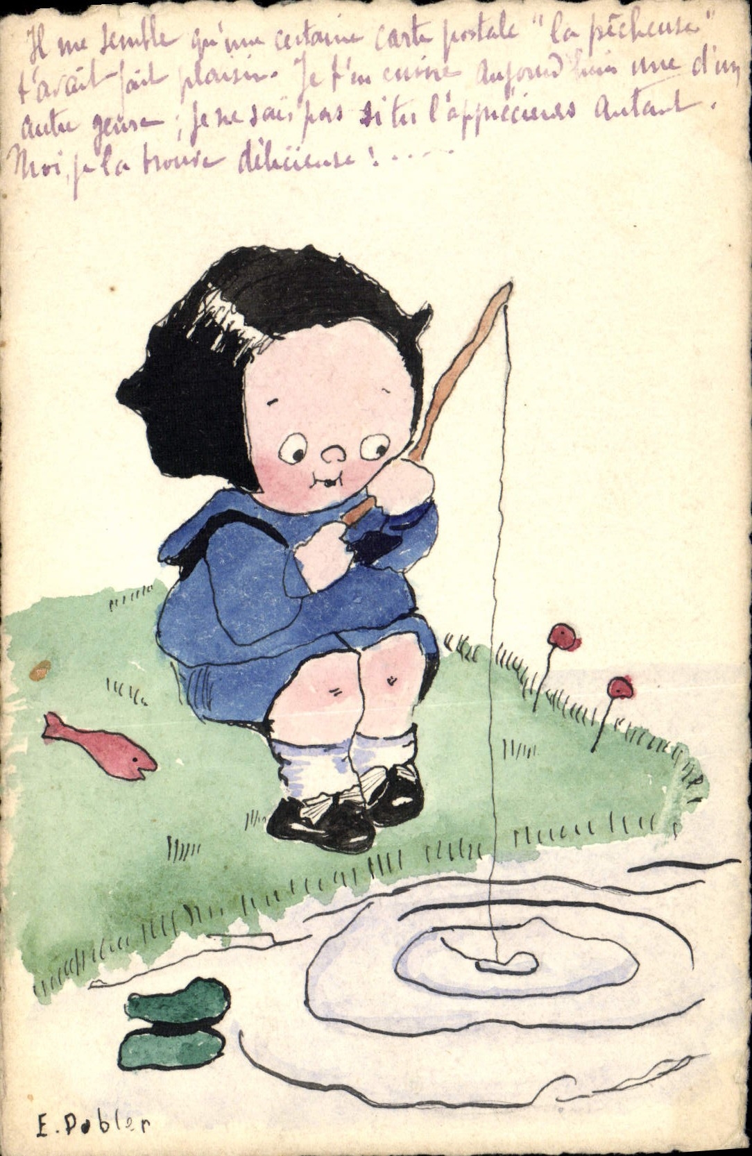 VINTAGE POSTCARD Fantaisie Illustrator Child Fishes