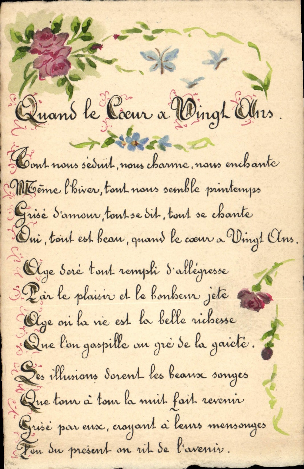 VINTAGE POSTCARD Drawing with the hand Flowers Poem When the heart is Twenty Years old