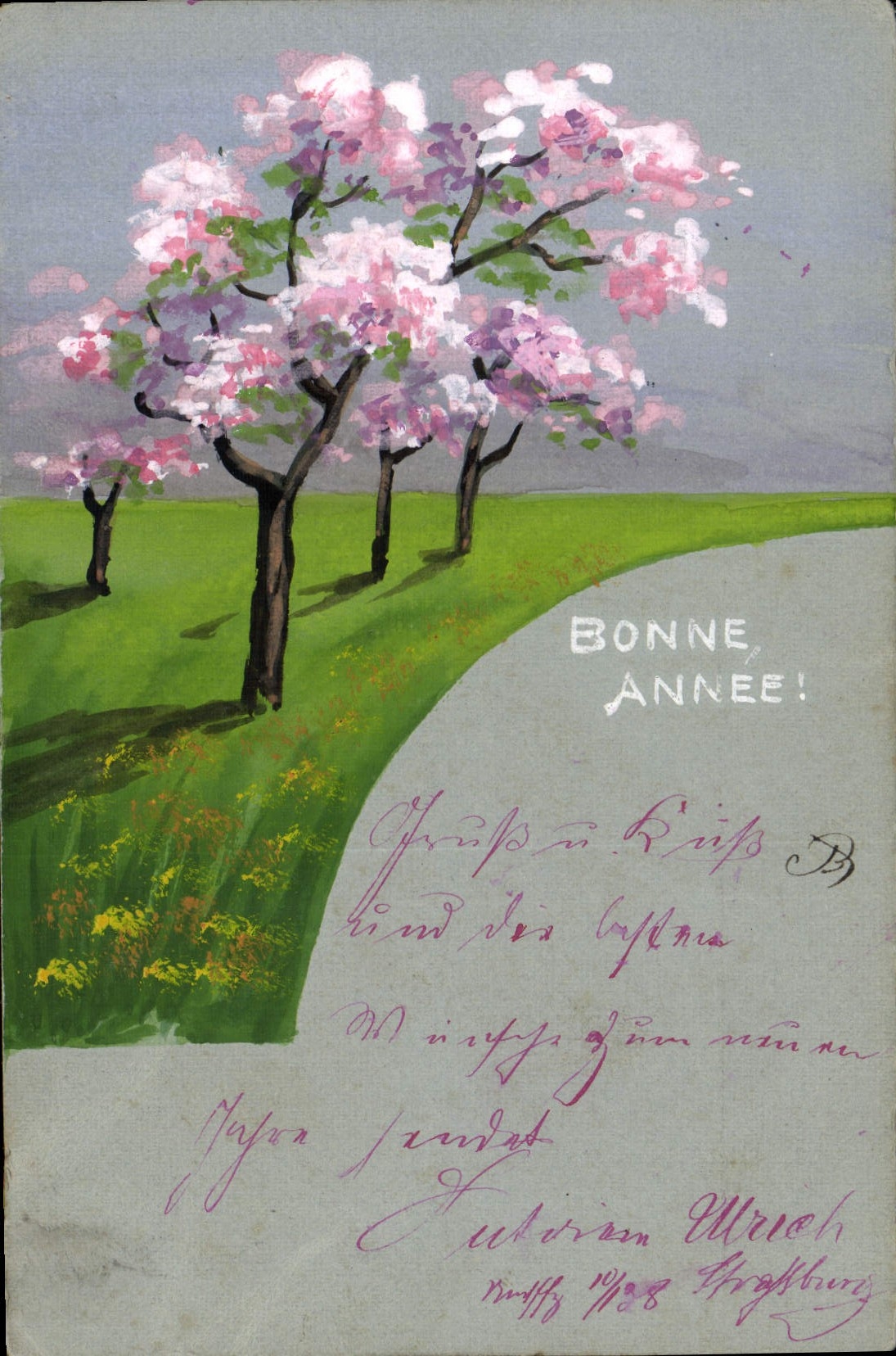 VINTAGE POSTCARD Drawing with the hand Trees Drill Happy New Year