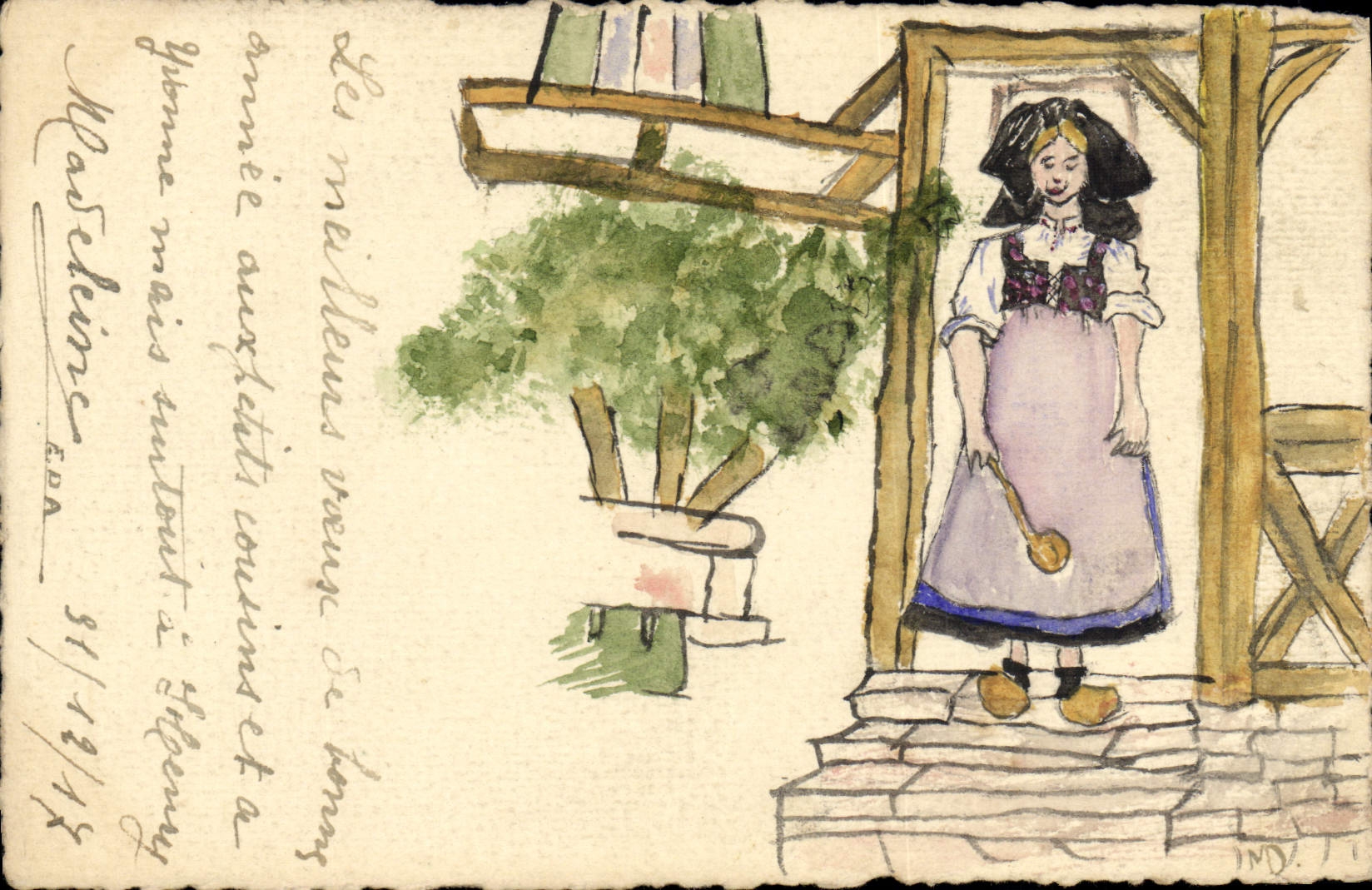 VINTAGE POSTCARD Drawing with the hand Woman Alsace Folklore