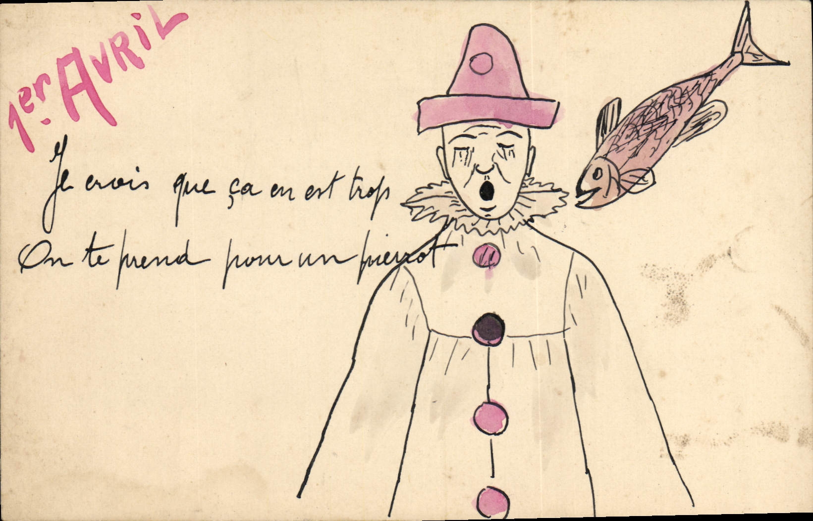 VINTAGE POSTCARD Fantasy Illustrator Pierrot fish