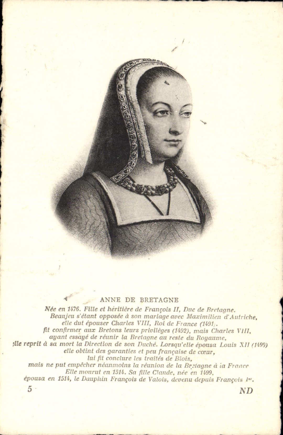 VINTAGE POSTCARD Anne of Brittany Girl of François II Duke of Brittany