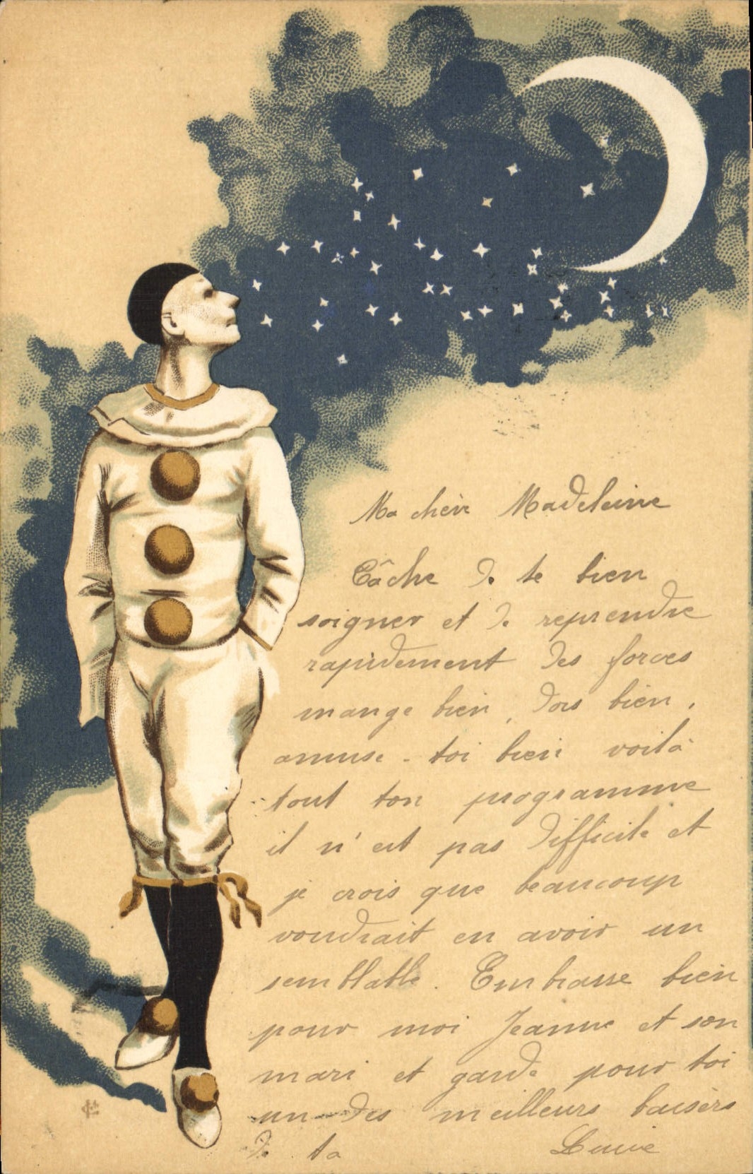 VINTAGE POSTCARD Fantasy the Moon Pierrot TOP