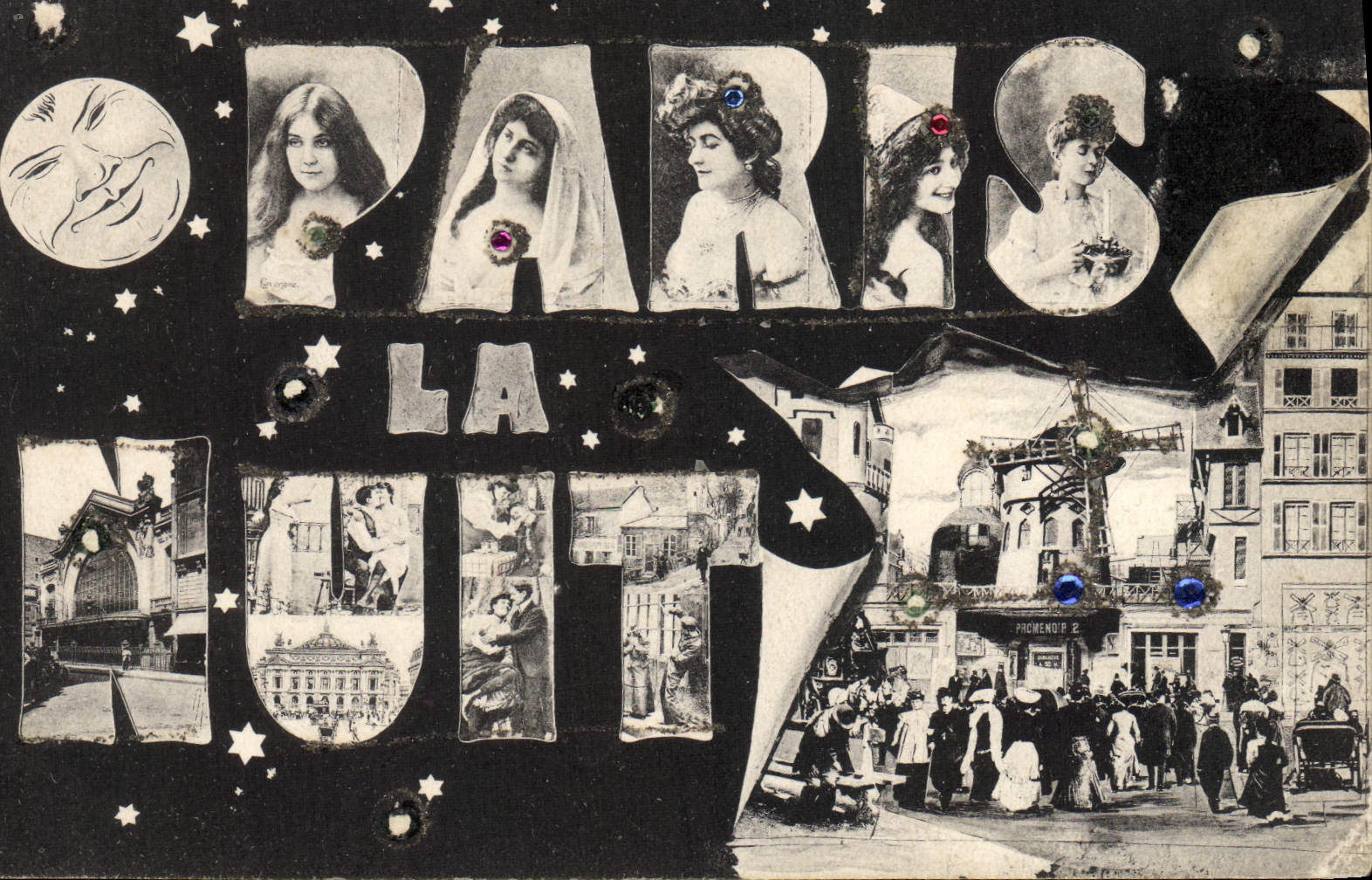 VINTAGE POSTCARD Fantasy the Paris Moon the Moulin-Rouge Night